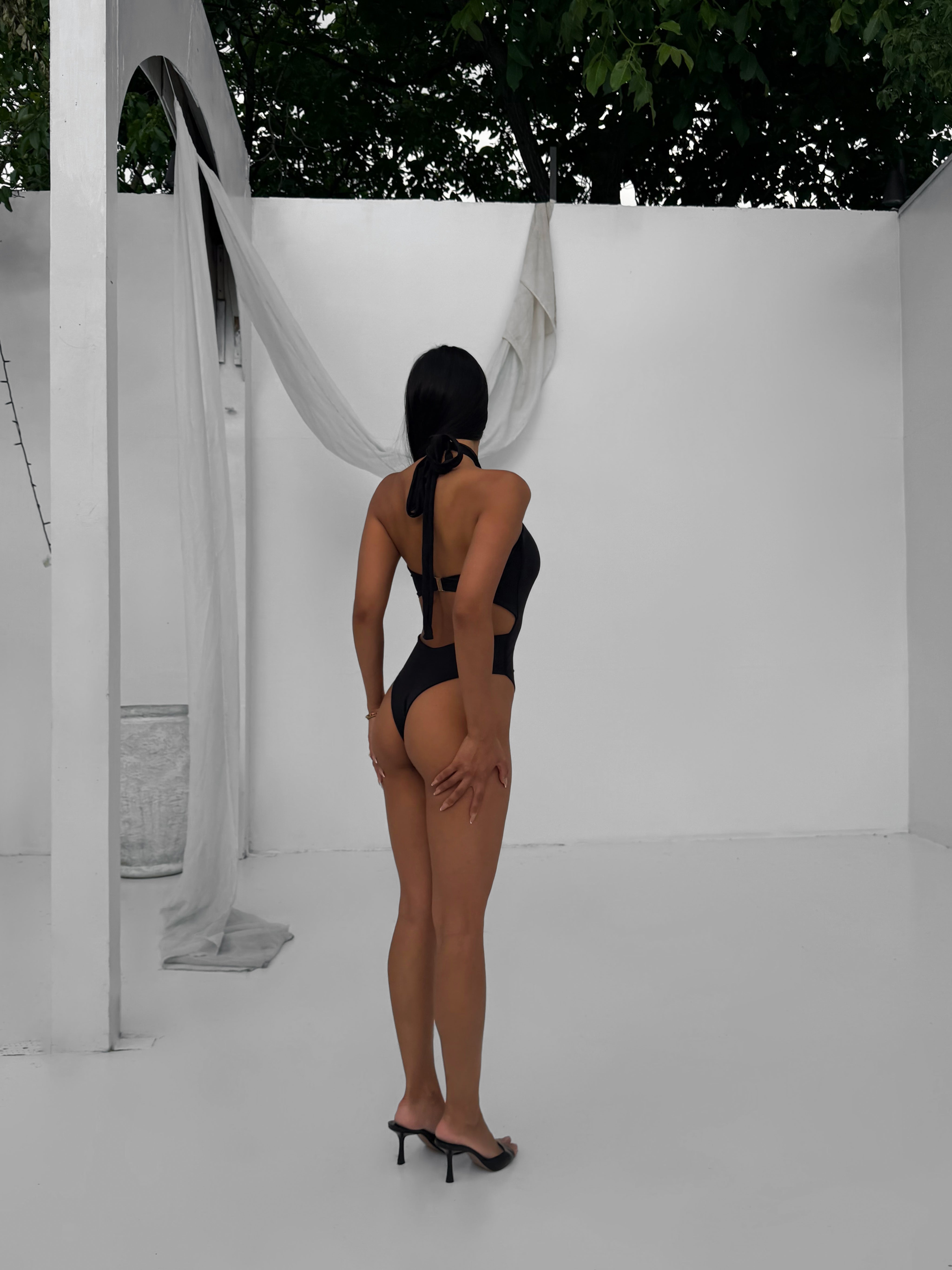 Sicilia Grecian Halter Neckline Cut Out Front One Piece in Black