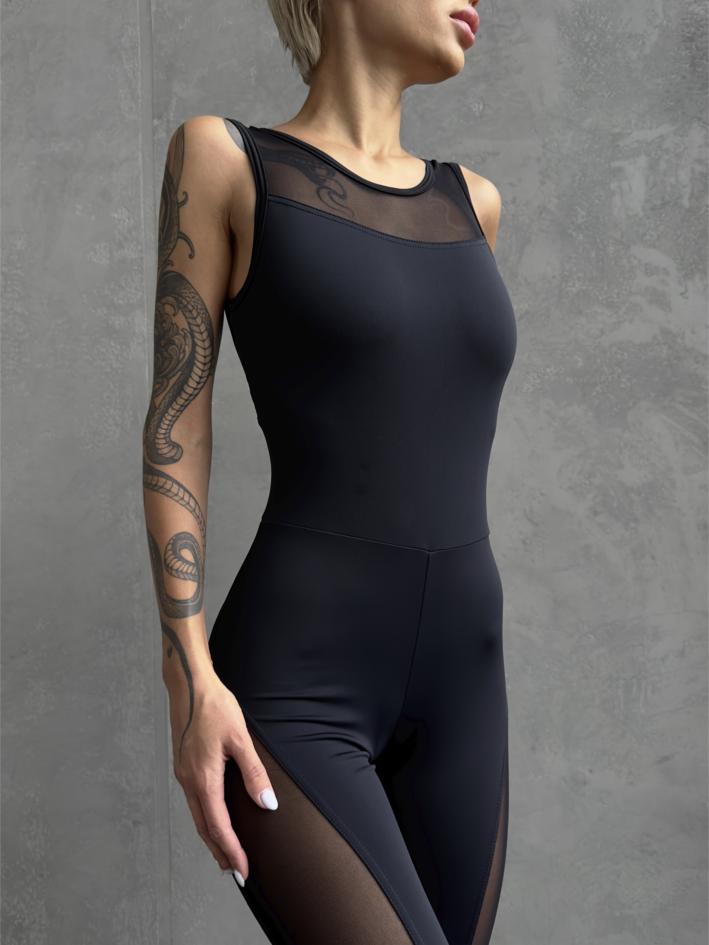 Galaxy Mesh Insert Cut Out Back Unitard Jumpsuit in Black