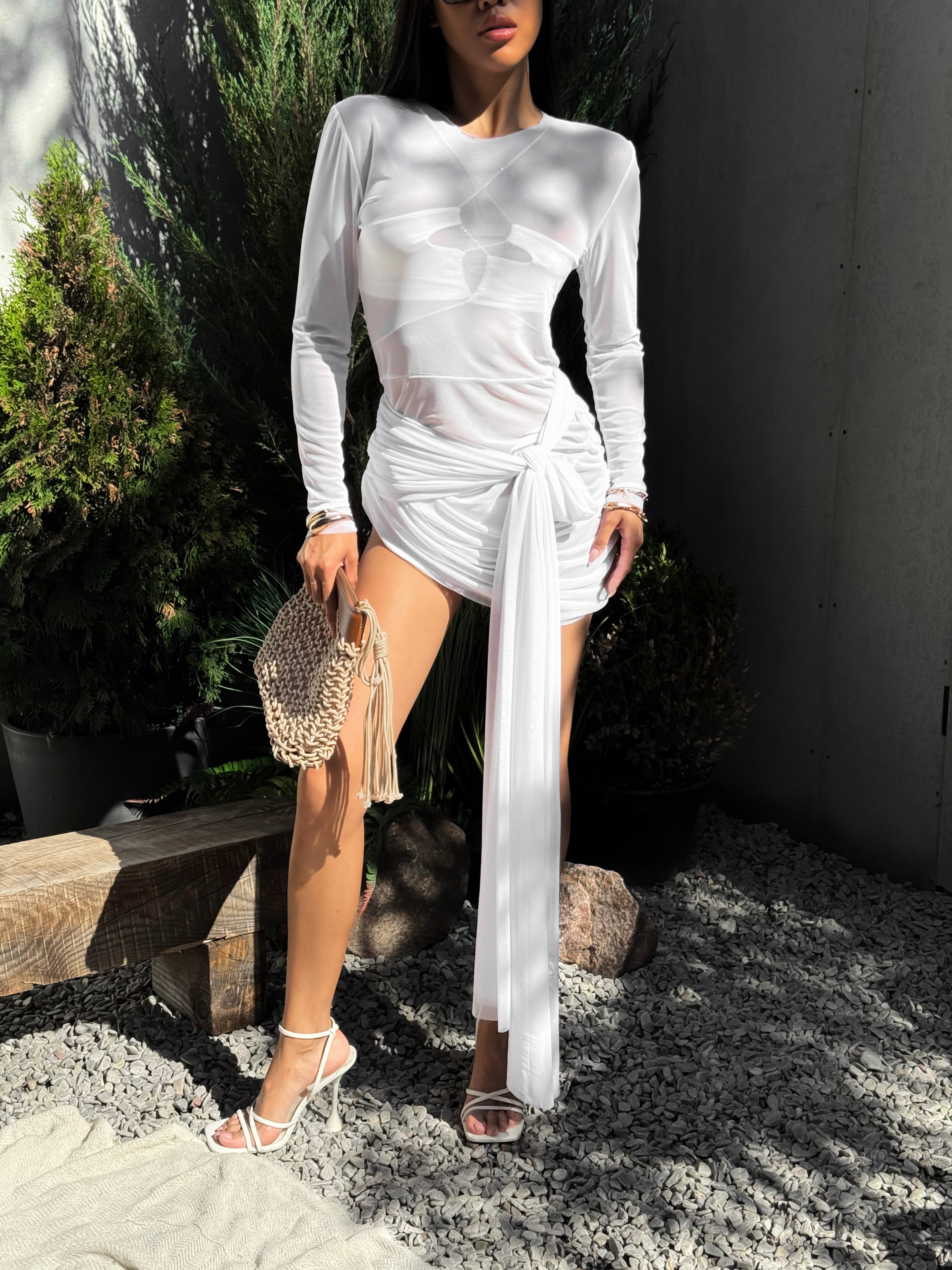 Baileys Mesh Asymmetric Mini Beach Dress in White