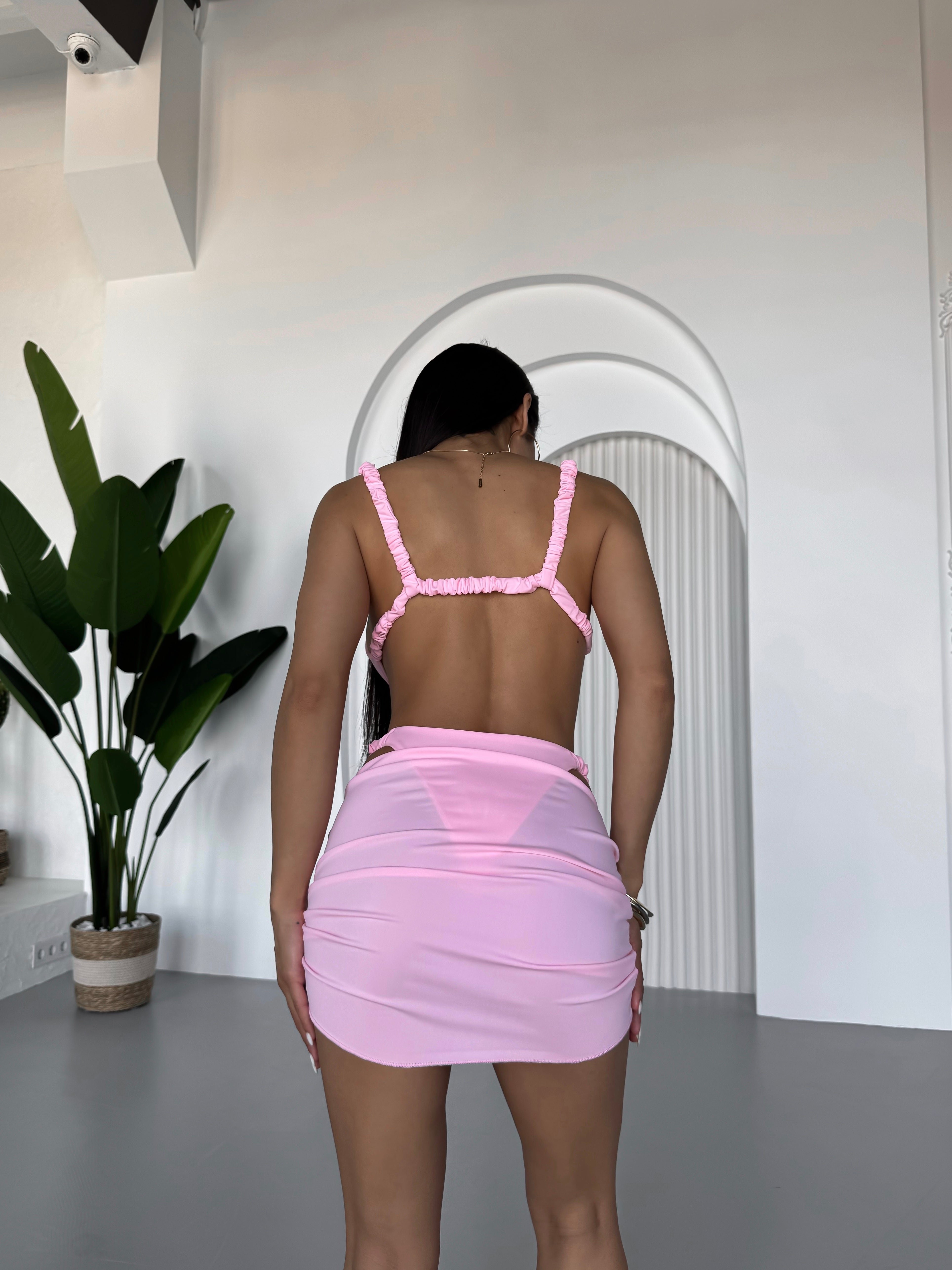 Hawaii 3-Piece Drawstring Skirt Bikini Set in Baby Pink