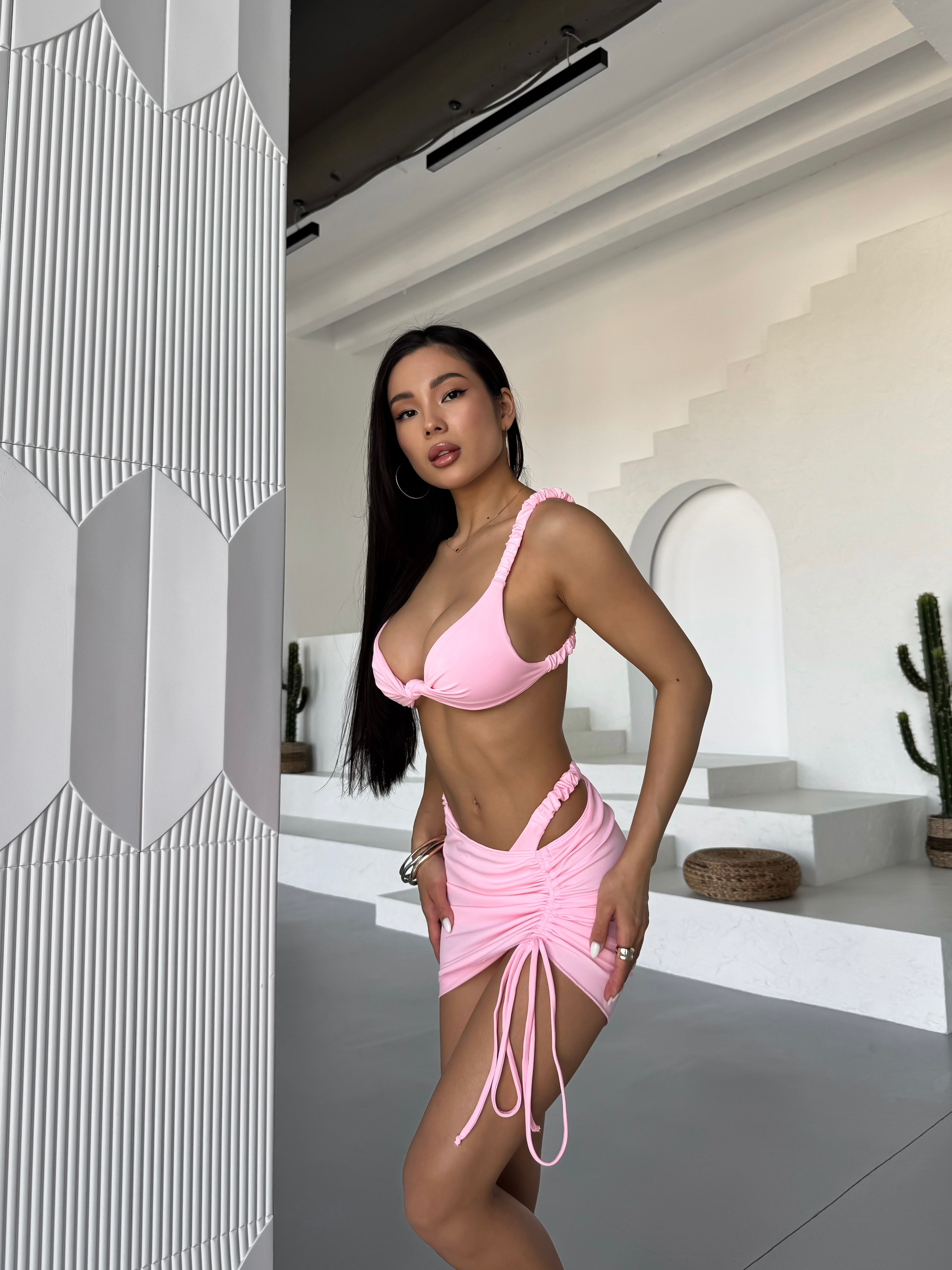 Oyster Drawstring Beach Mini Skirt in Baby Pink