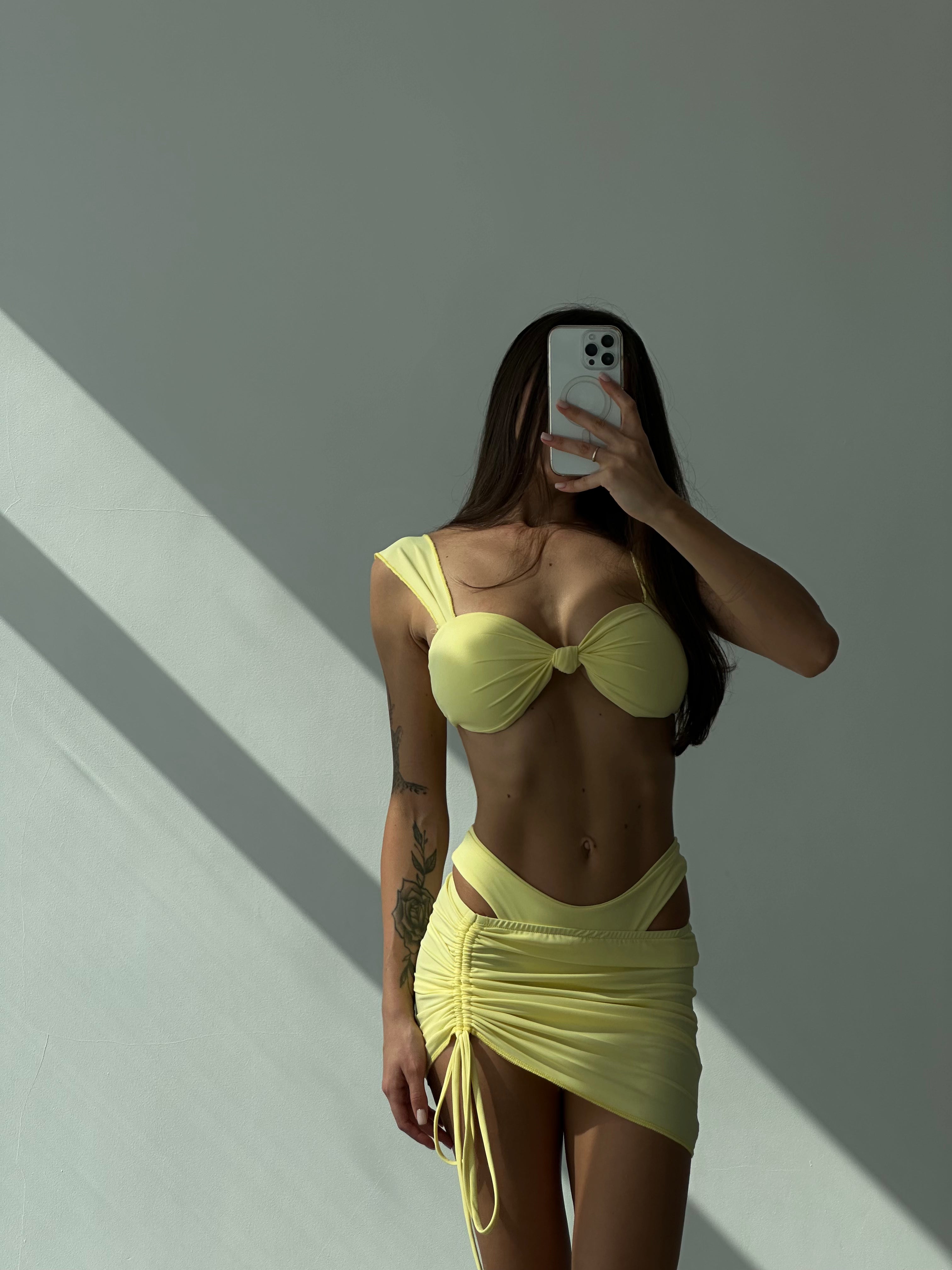 Monaco 3-Piece Knot Front Beach Skirt Bikini Set in Yellow