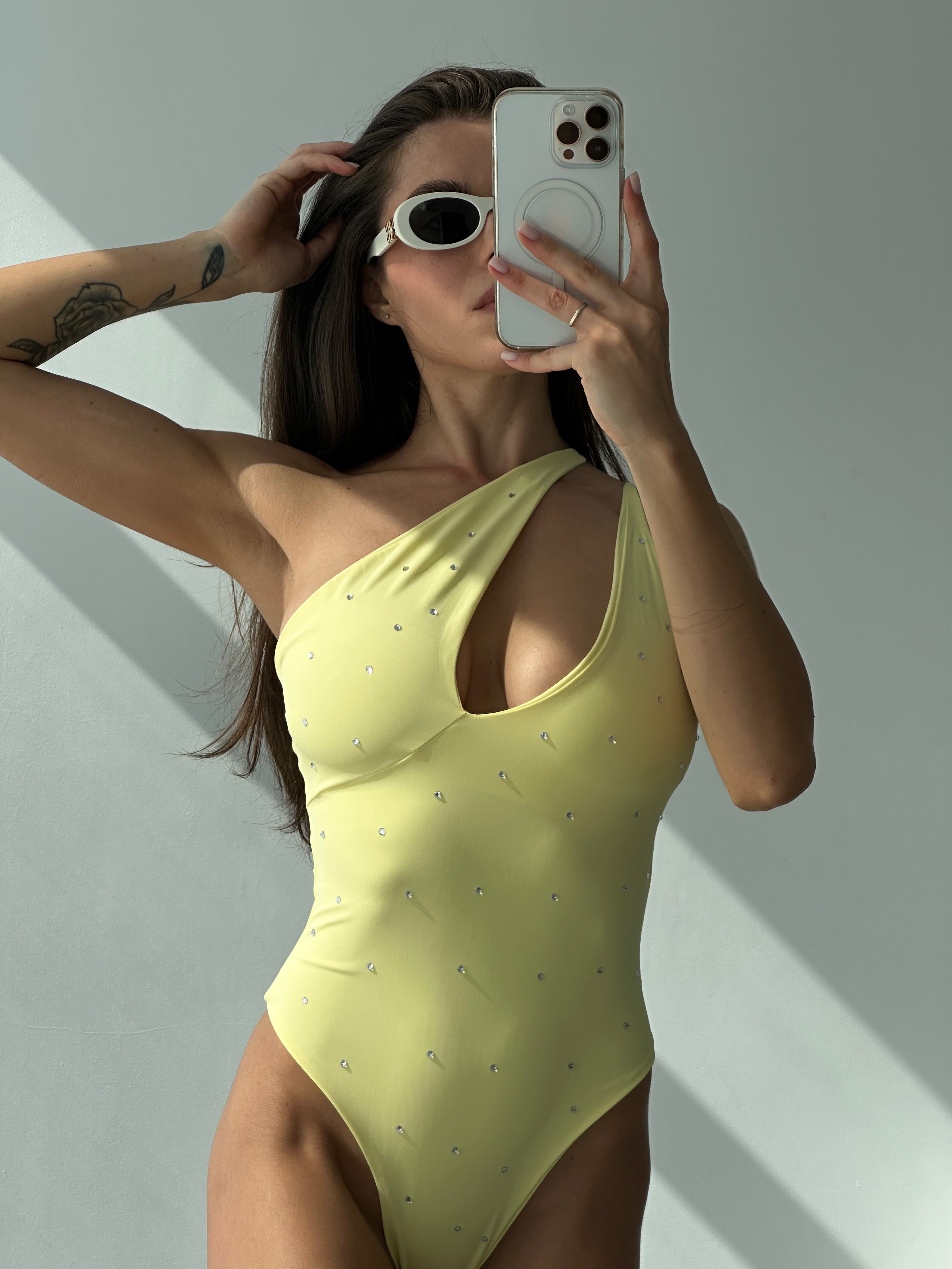 Snake Dazzling Asymmetric Neck One Piece in Yellow