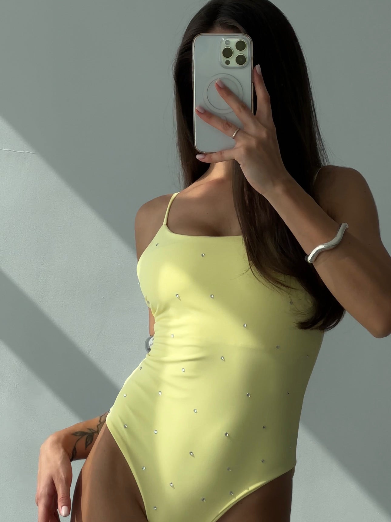 Champagne Rhinestone Embellishment High Cut One Piece in Yellow