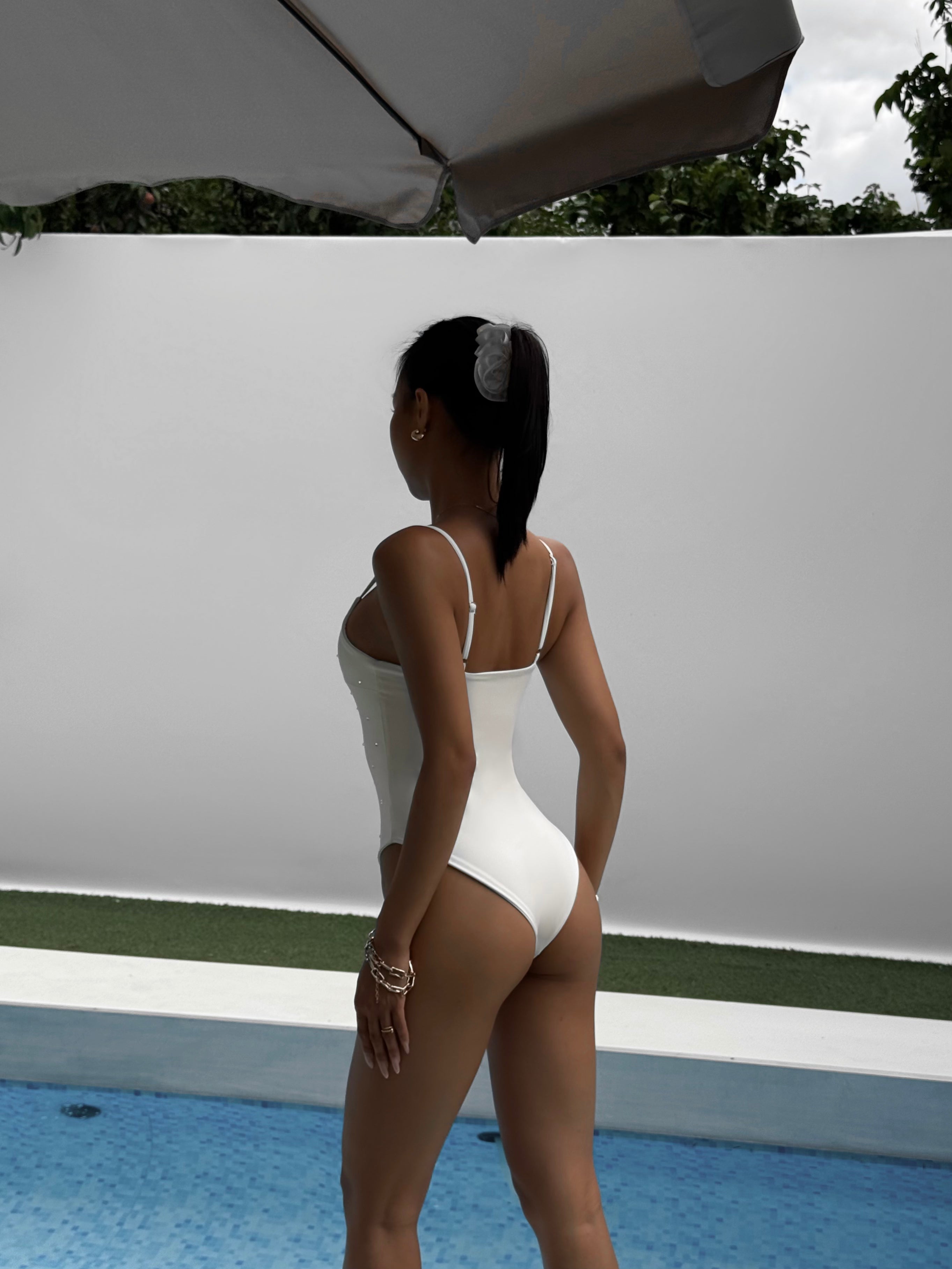 Champagne Rhinestone Embellishment High Cut One Piece in White