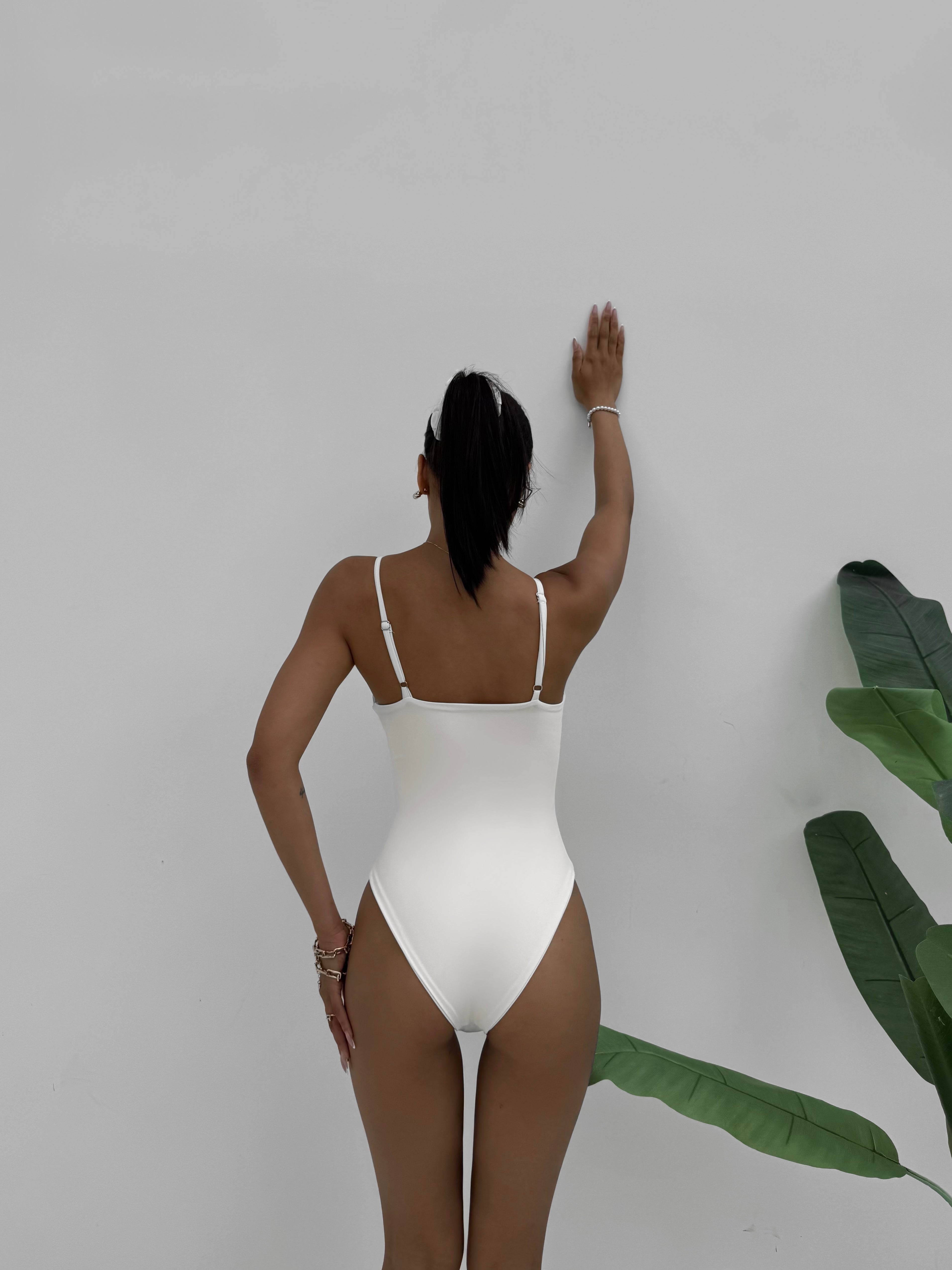 Champagne Rhinestone Embellishment High Cut One Piece in White