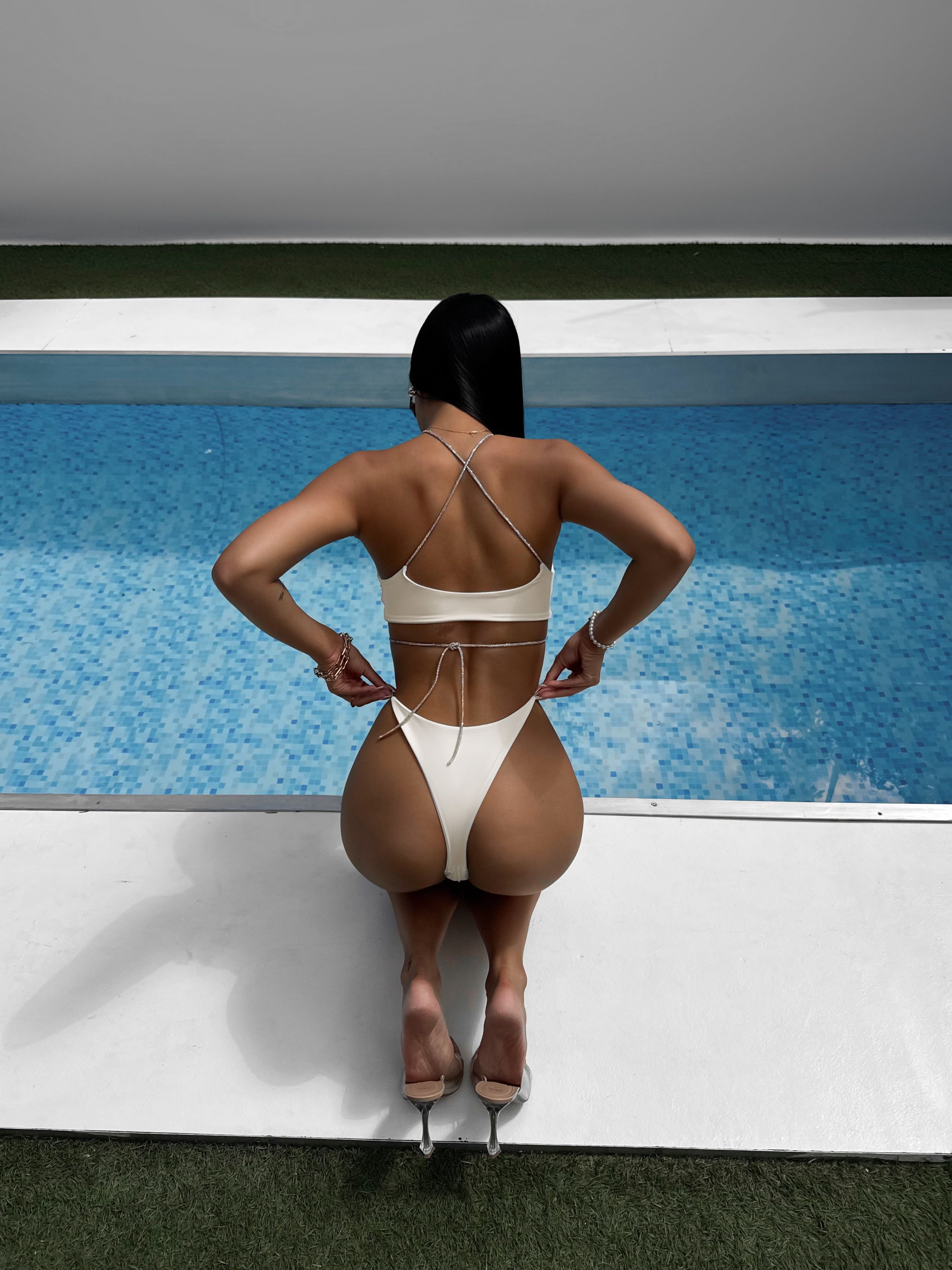 Crystal Shiny Straps Bikini Set in Milk