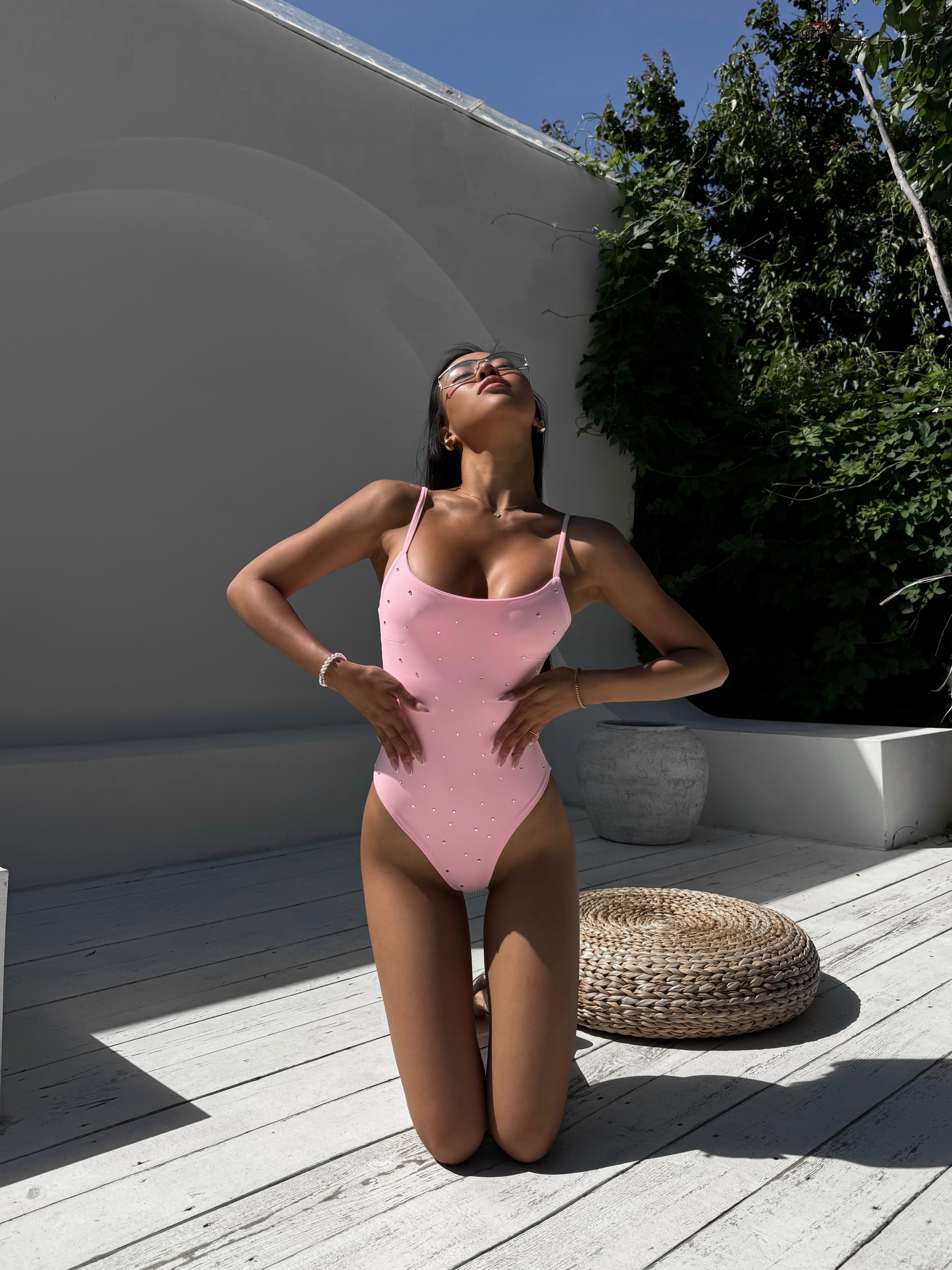 Champagne Rhinestone Embellishment High Cut One Piece in Pink