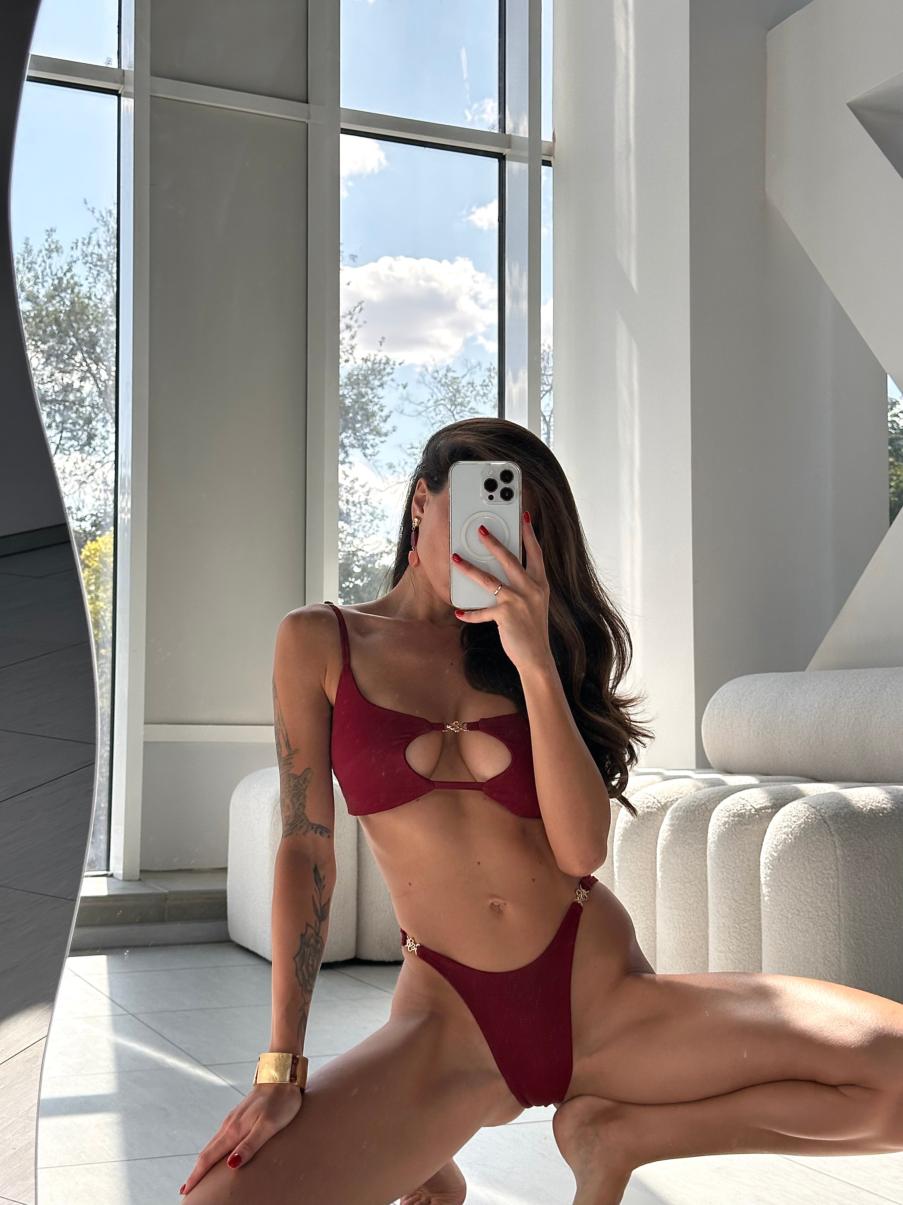 Desire Cut Out Bust Criss Cross Back Bikini Set in Burgundy