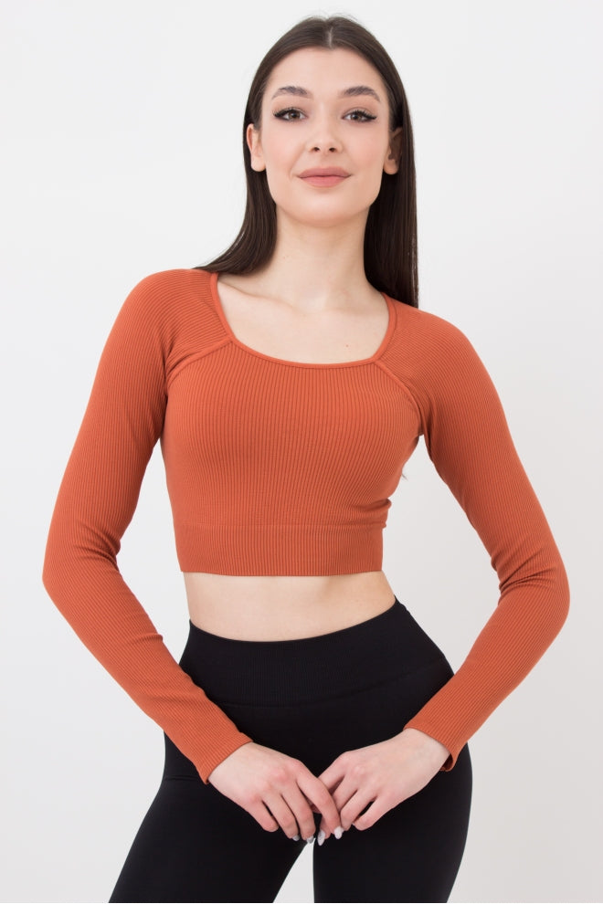 Seamless Ribbed Raglan Long Sleeve Crop Top in Deep Orange