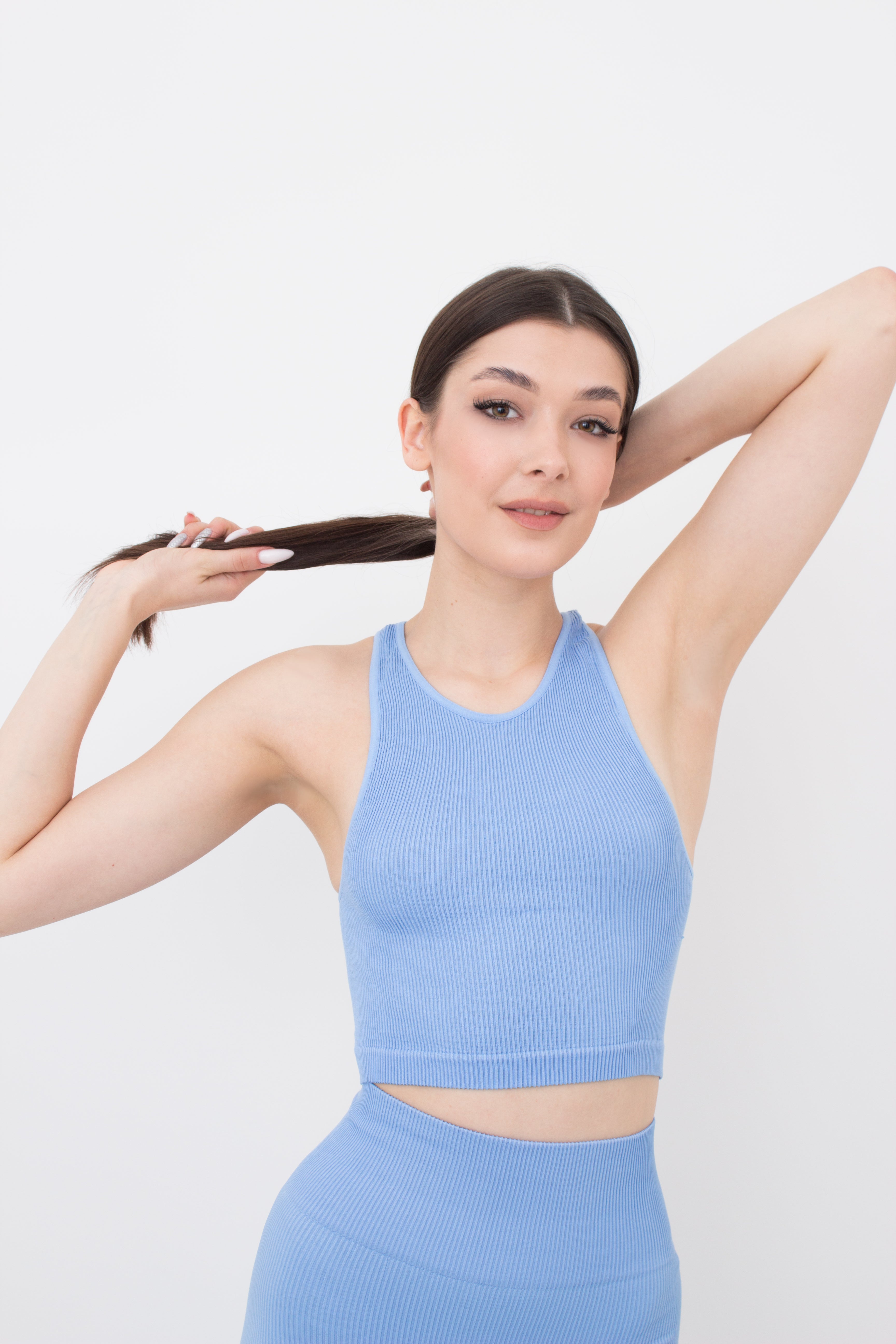 Seamless Ribbed Halter Crop Top in Baby Blue