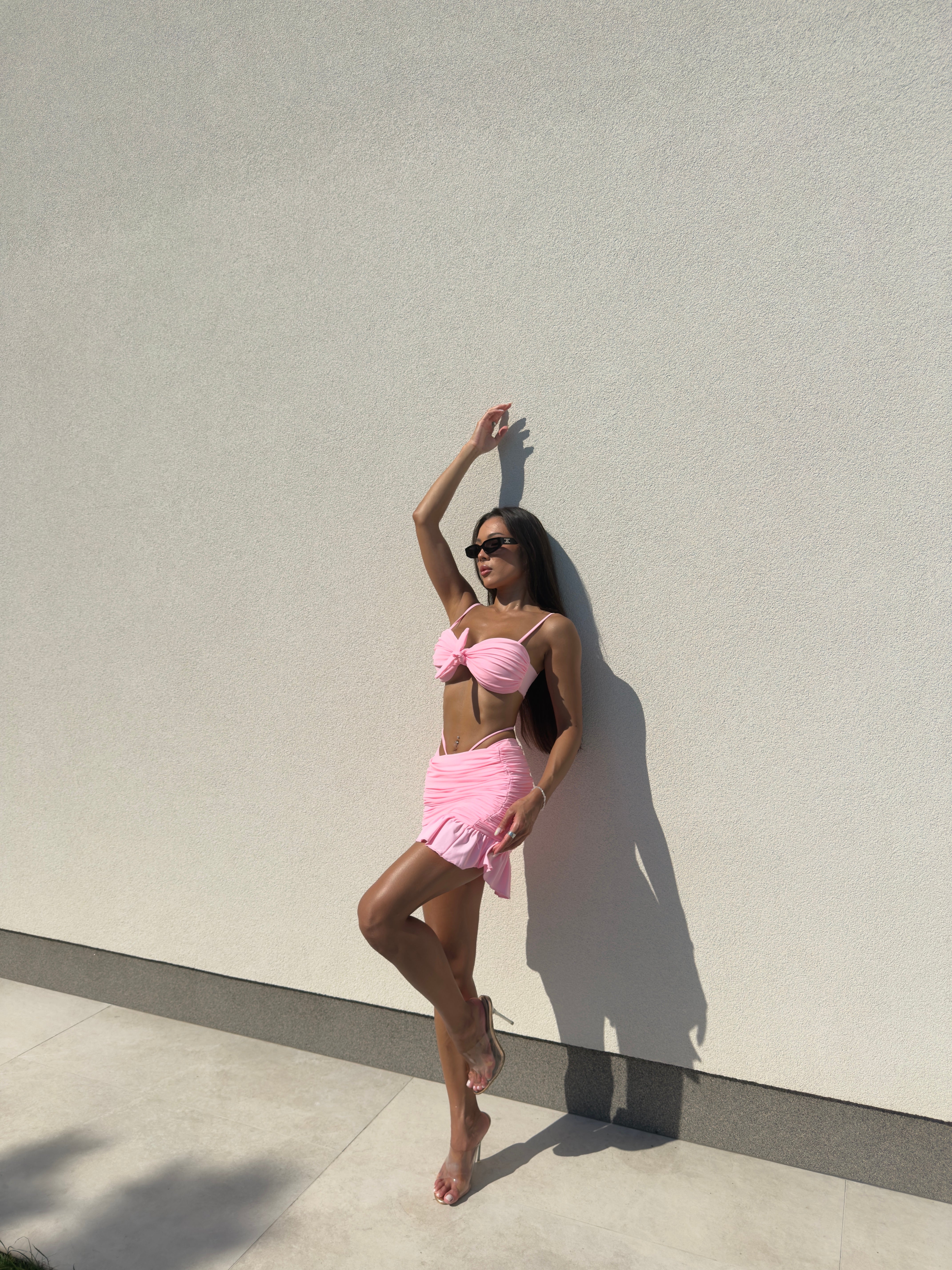 Velena 3-Piece Ruched Bikini Set with Beach Skirt in Pink