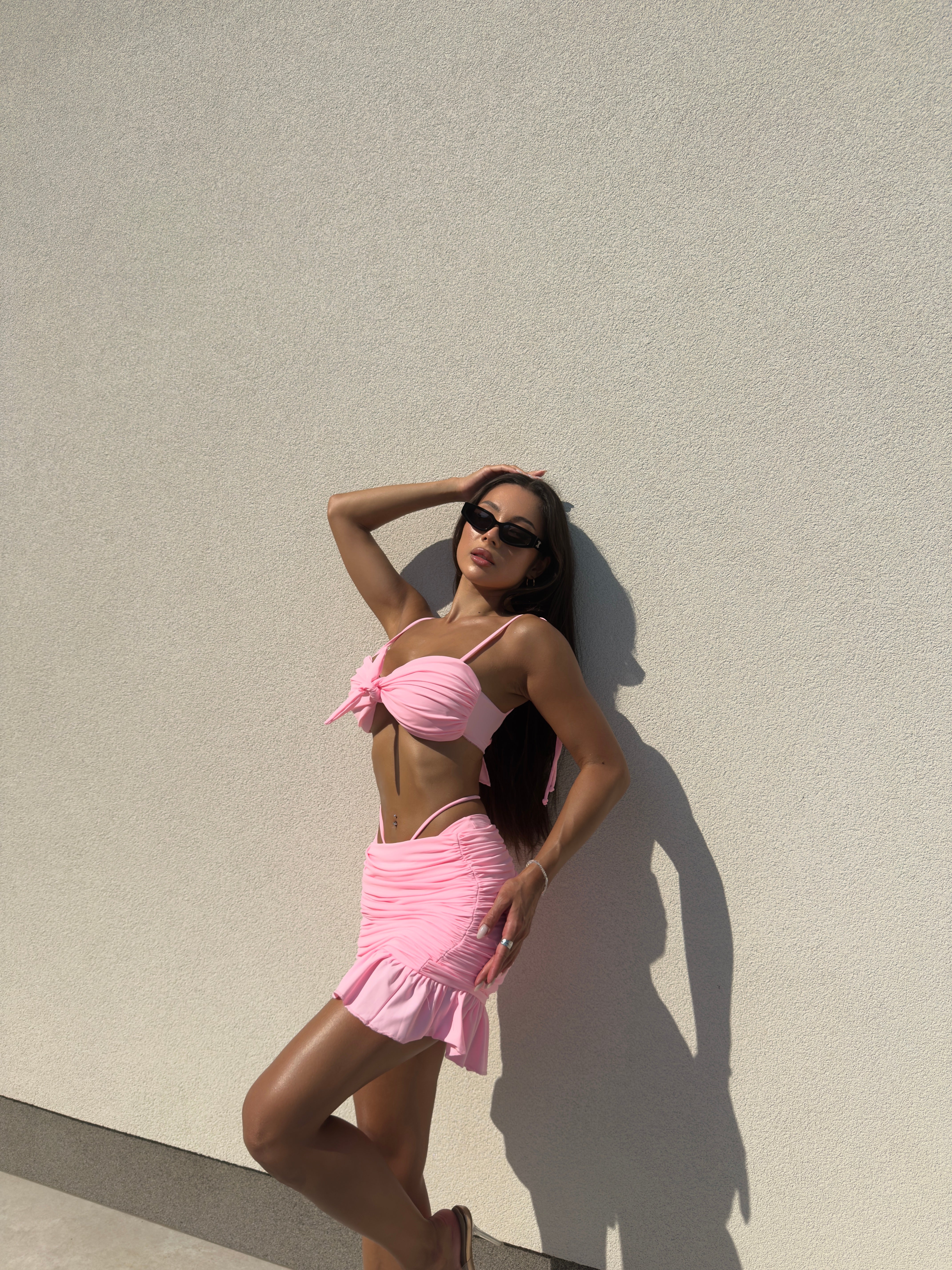 Velena 3-Piece Ruched Bikini Set with Beach Skirt in Pink