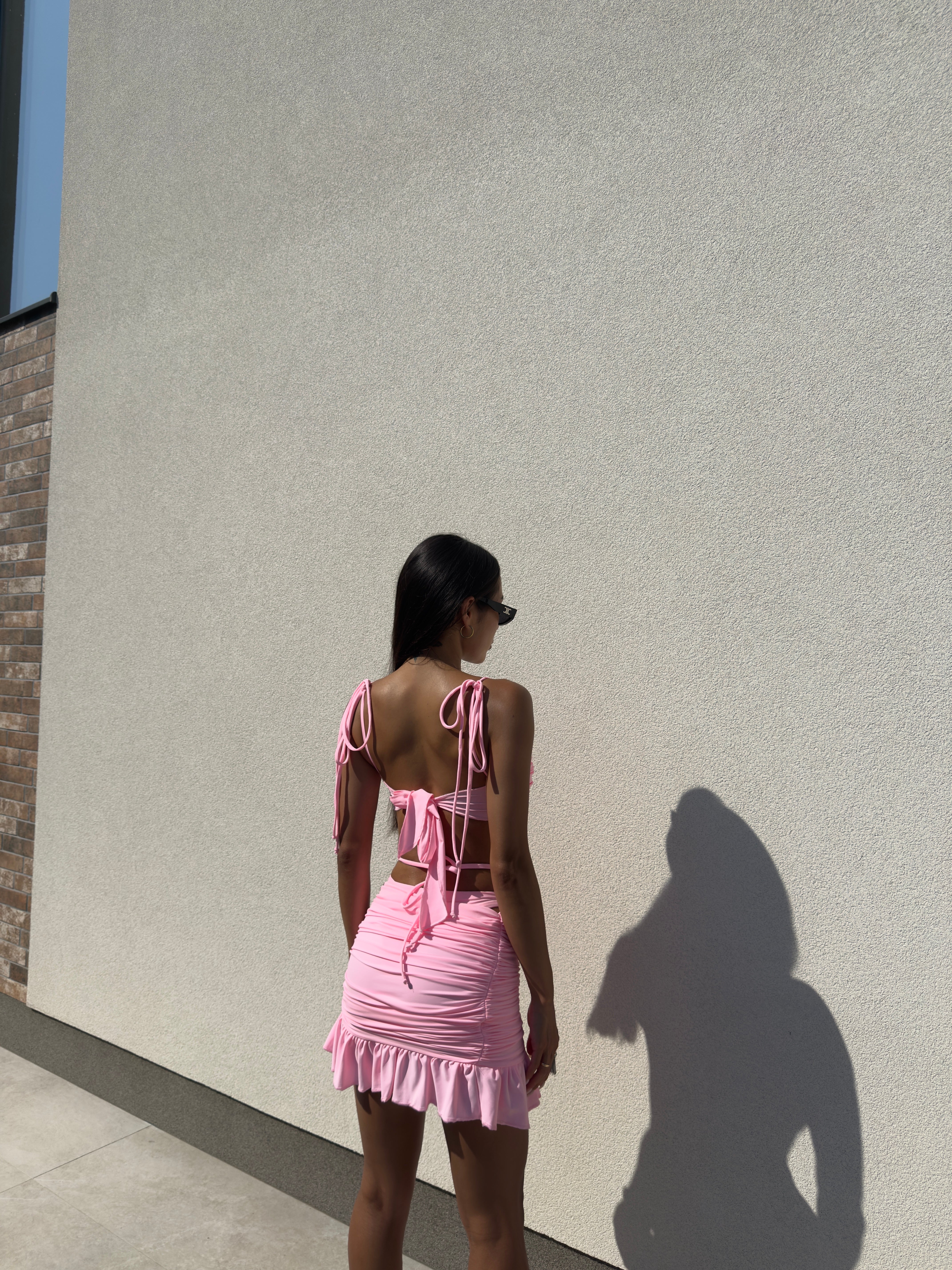 Velena 3-Piece Ruched Bikini Set with Beach Skirt in Pink