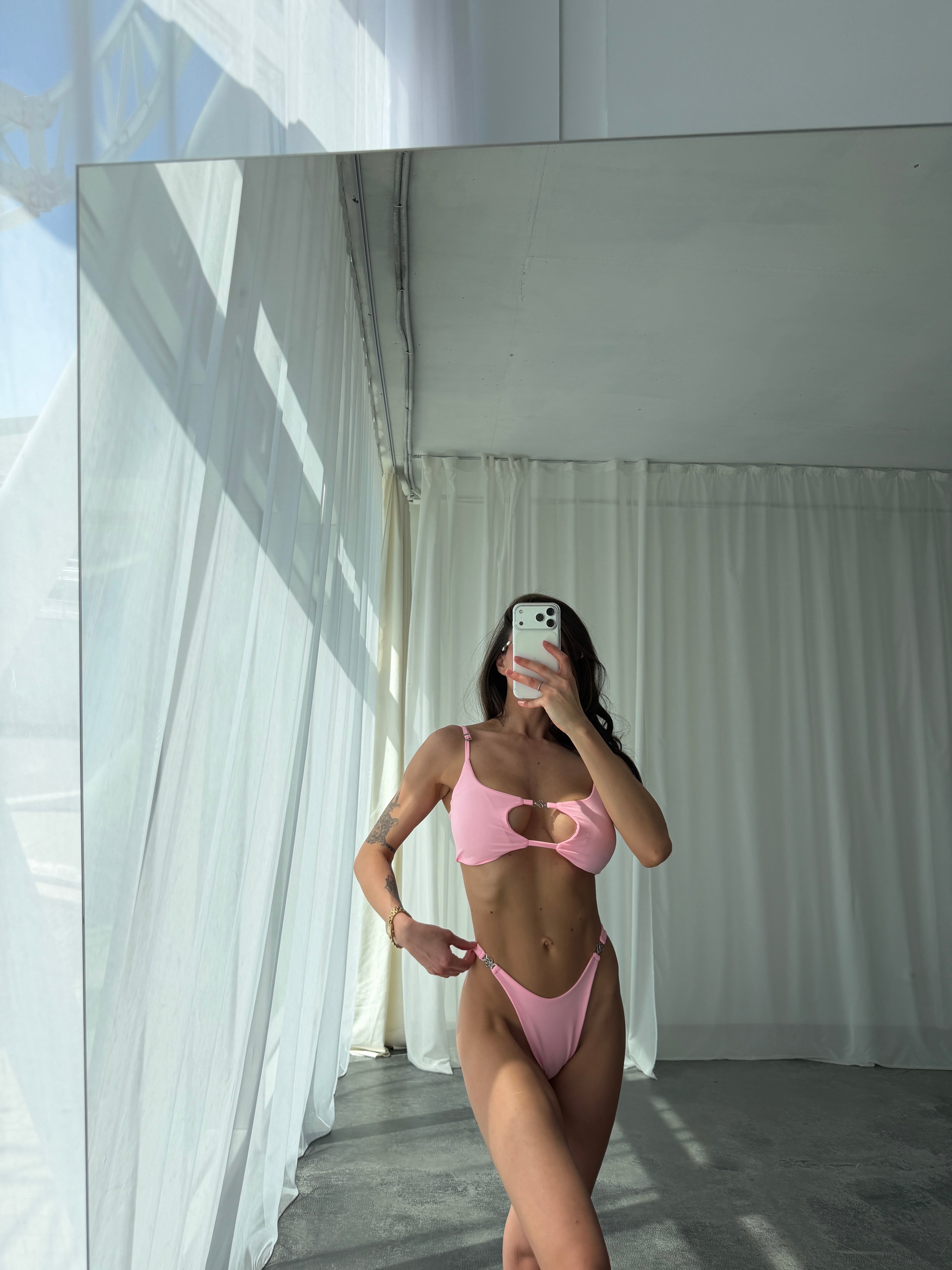Desire Cut Out Bust Criss Cross Back Bikini Set in Baby Pink