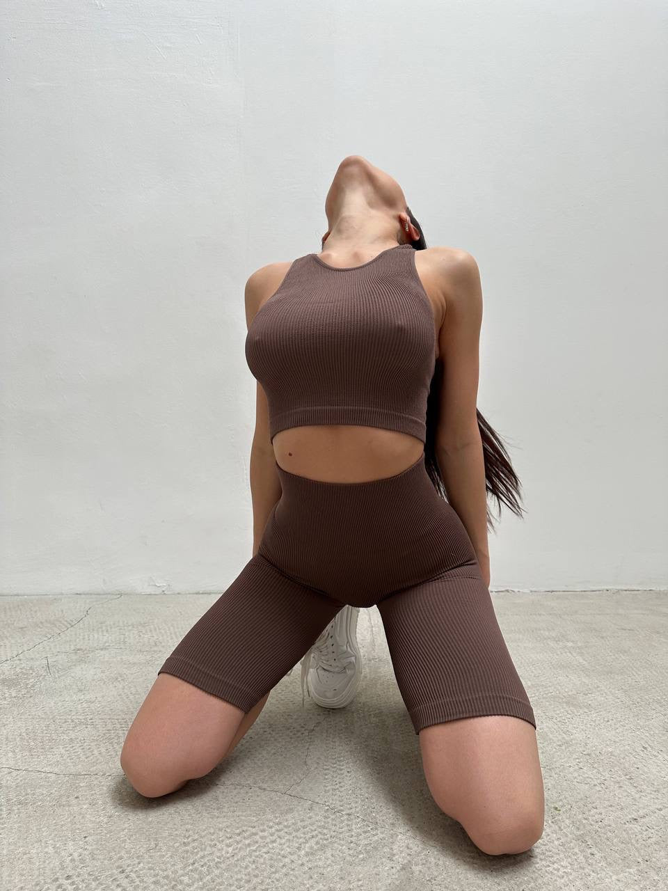 Ribbed Activewear Set: Top & Shorts in Brown