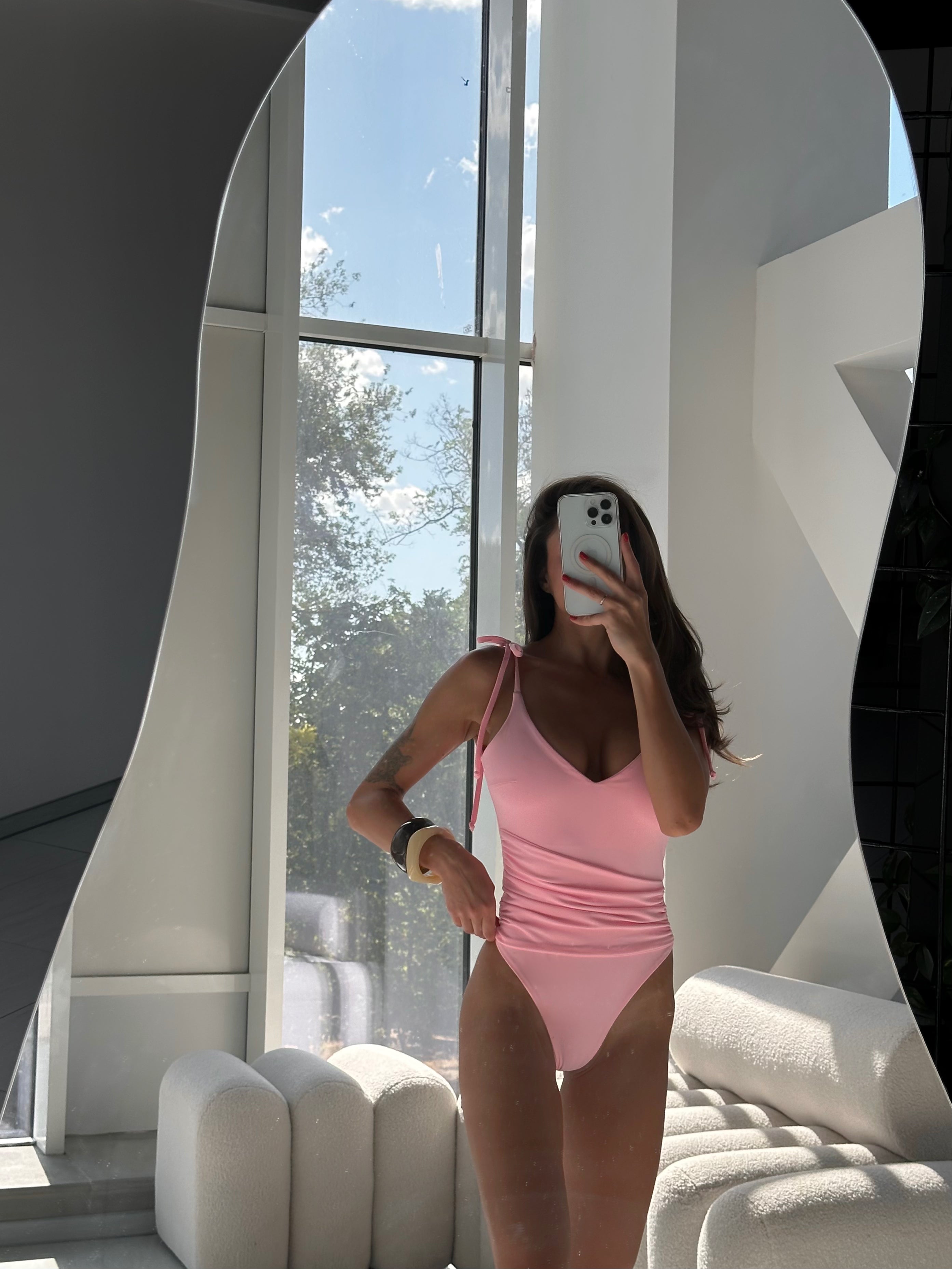 Sahara Plunge Shoulder Tie One Piece in Pink