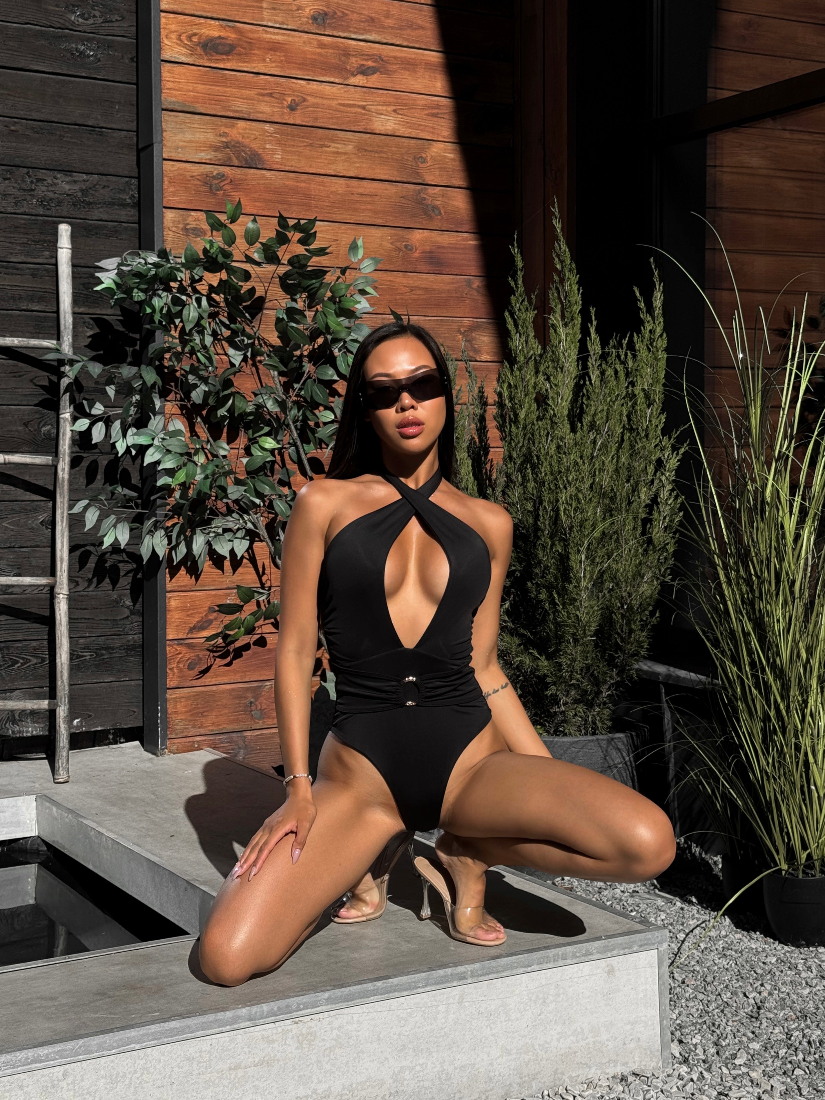 Jasmyn Multi Way Halterneck Ring Detail One Piece in Black