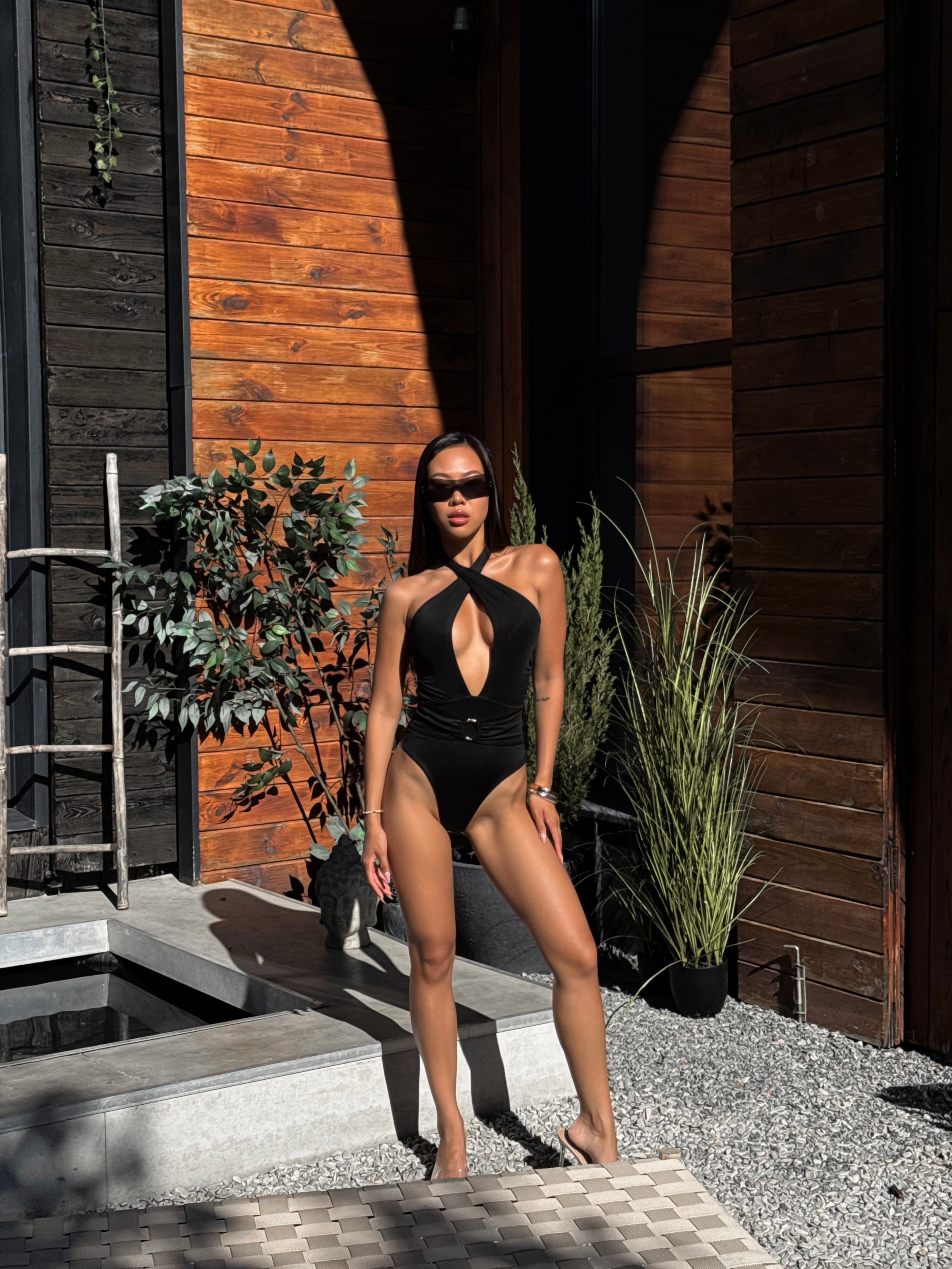 Jasmyn Multi Way Halterneck Ring Detail One Piece in Black