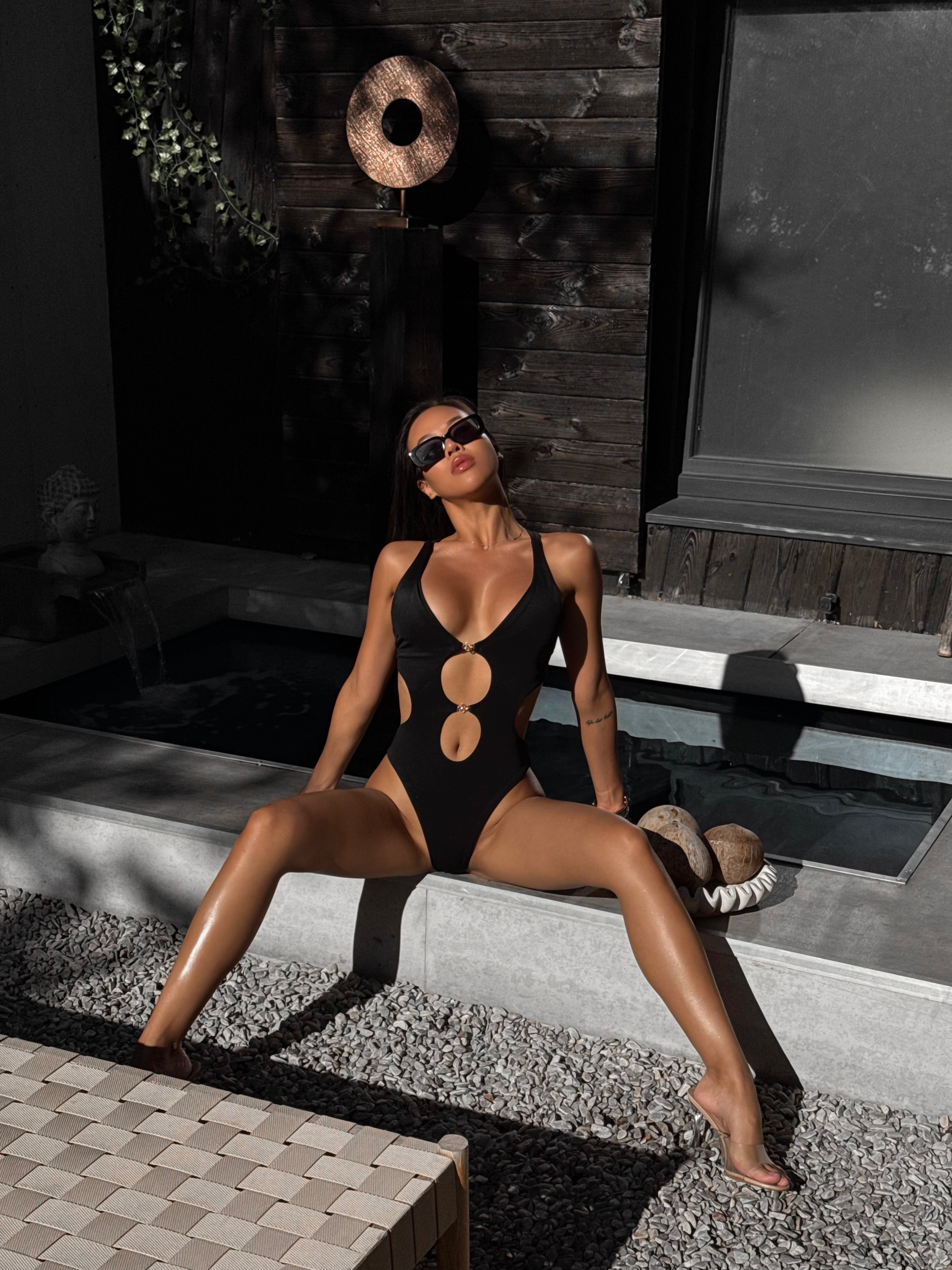 Sibella Cut Out Front Criss Cross Back One Piece in Black