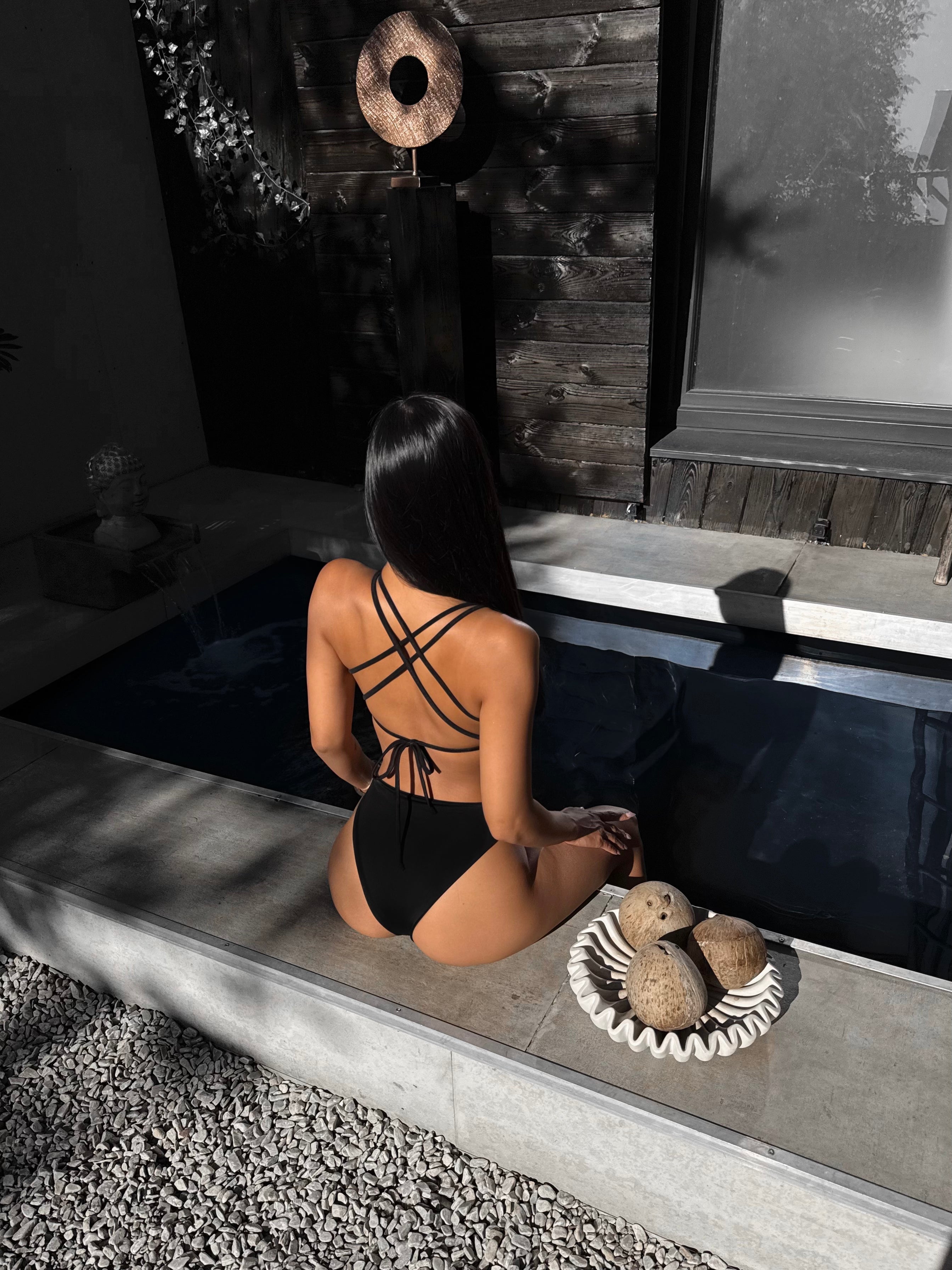 Sibella Cut Out Front Criss Cross Back One Piece in Black