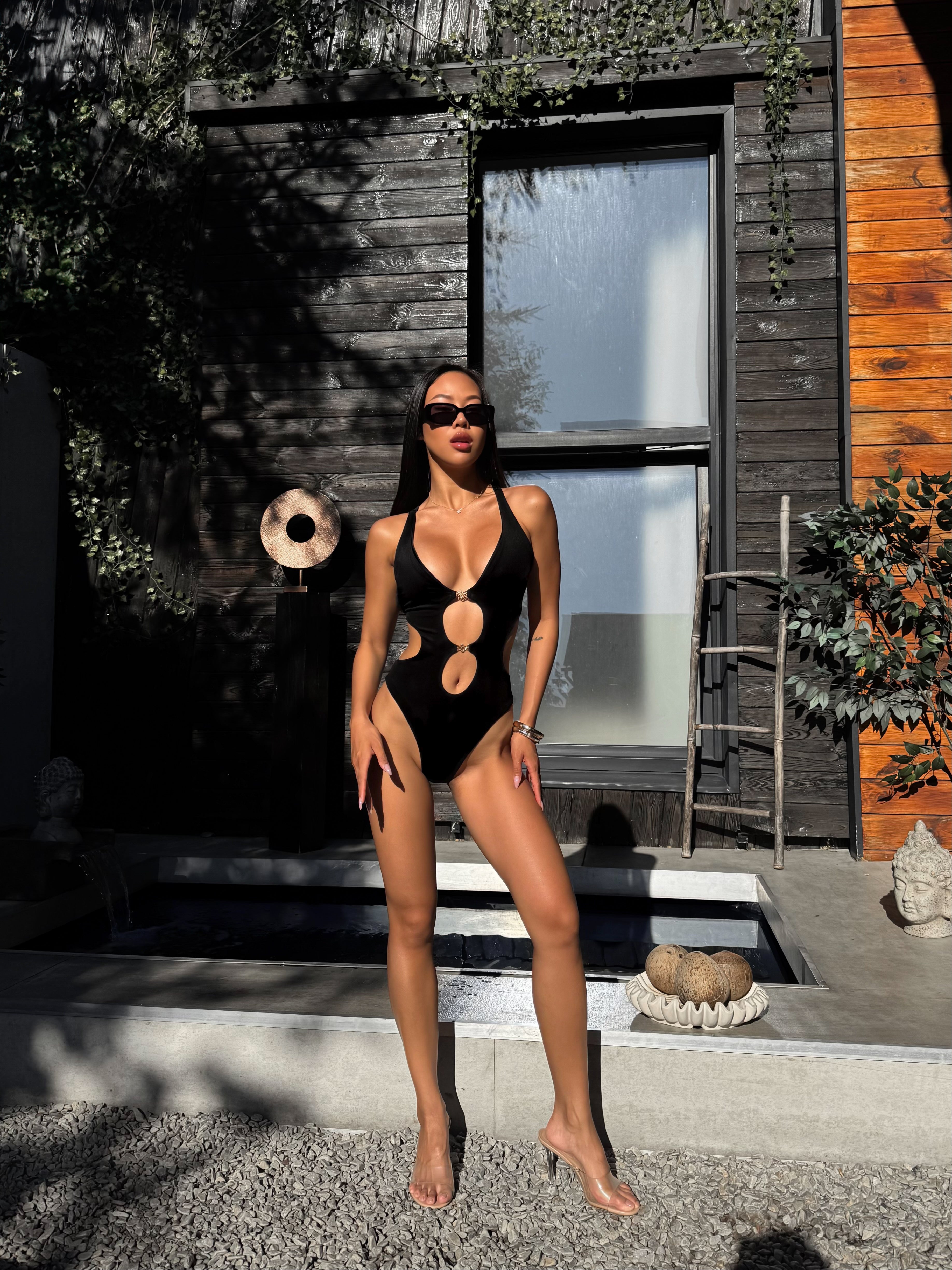 Sibella Cut Out Front Criss Cross Back One Piece in Black