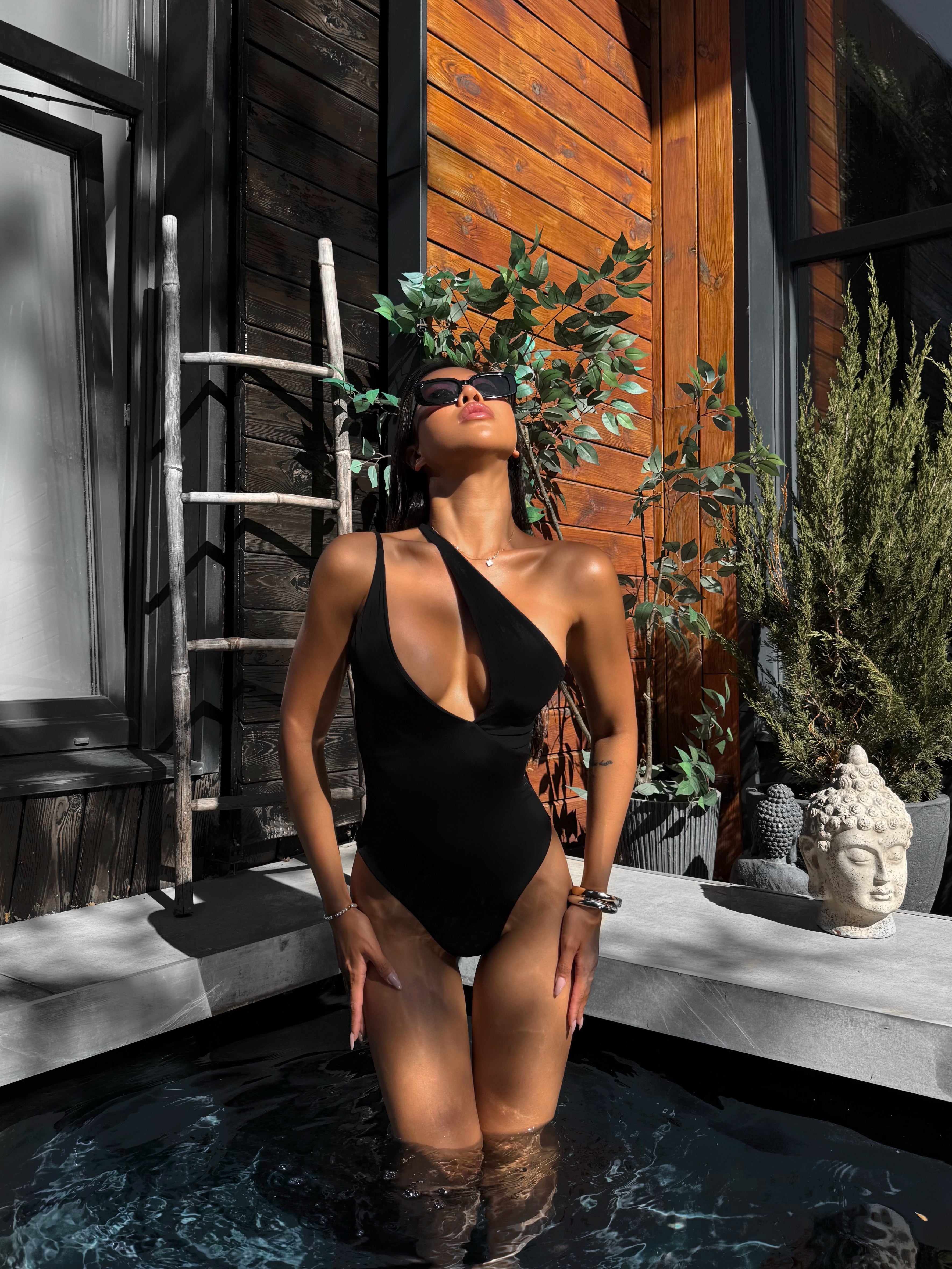 Snake Extraordinary Asymmetric Neck One Piece in Black