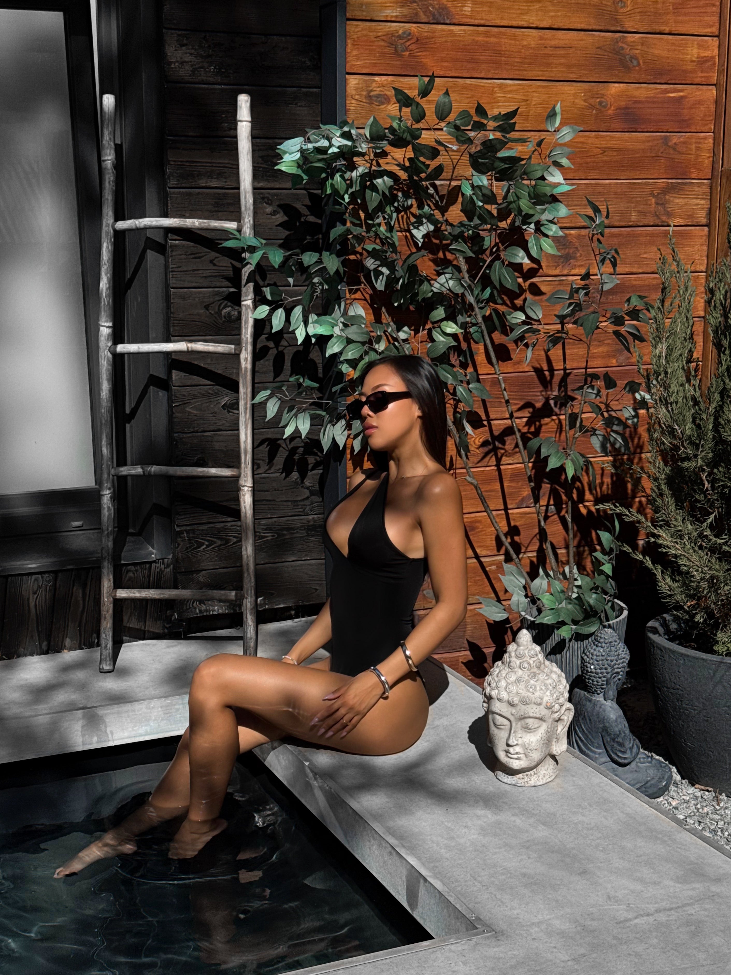Snake Extraordinary Asymmetric Neck One Piece in Black