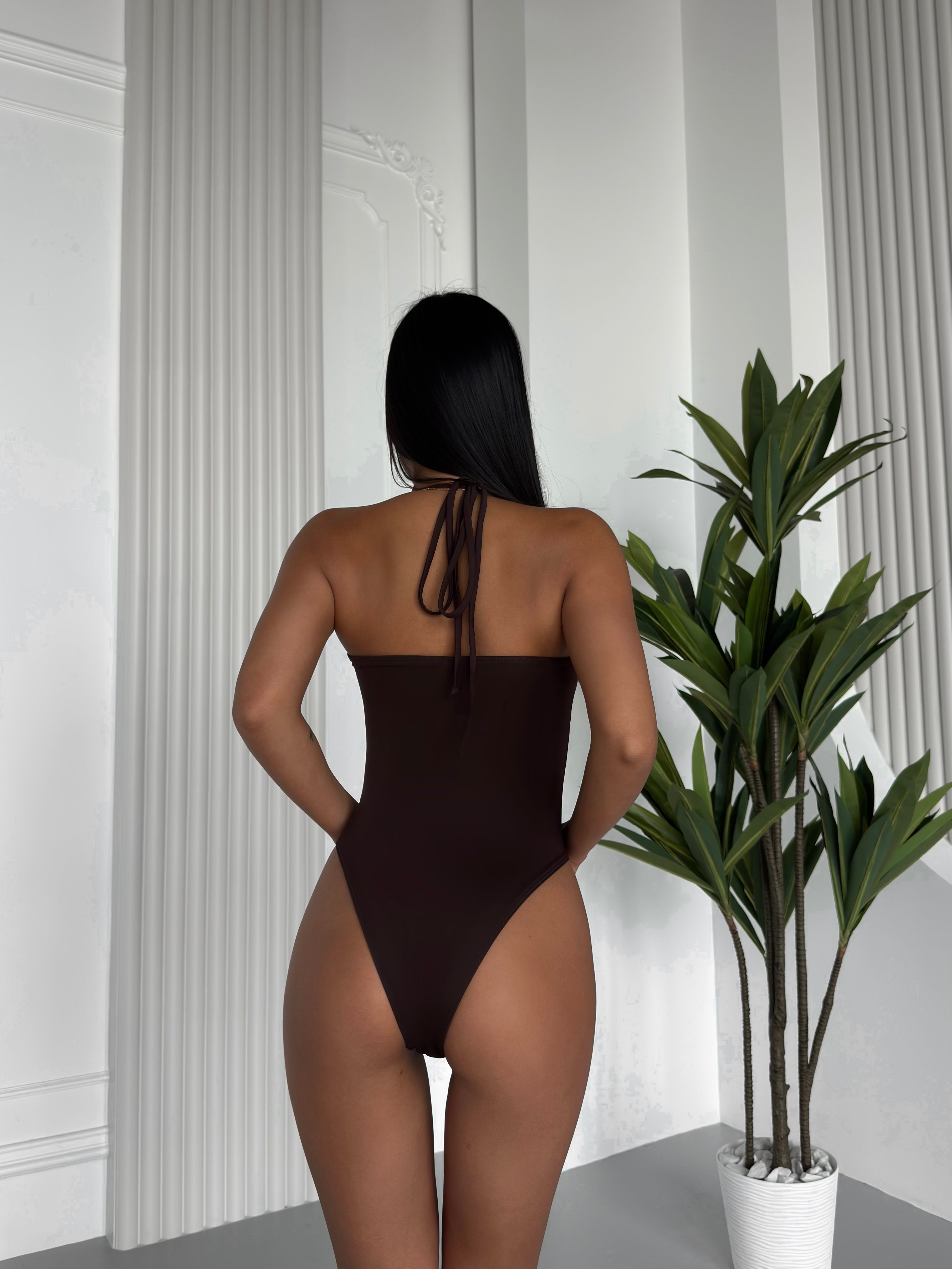 Bora Bora Cut Out Front Halter One Piece in Chocolate