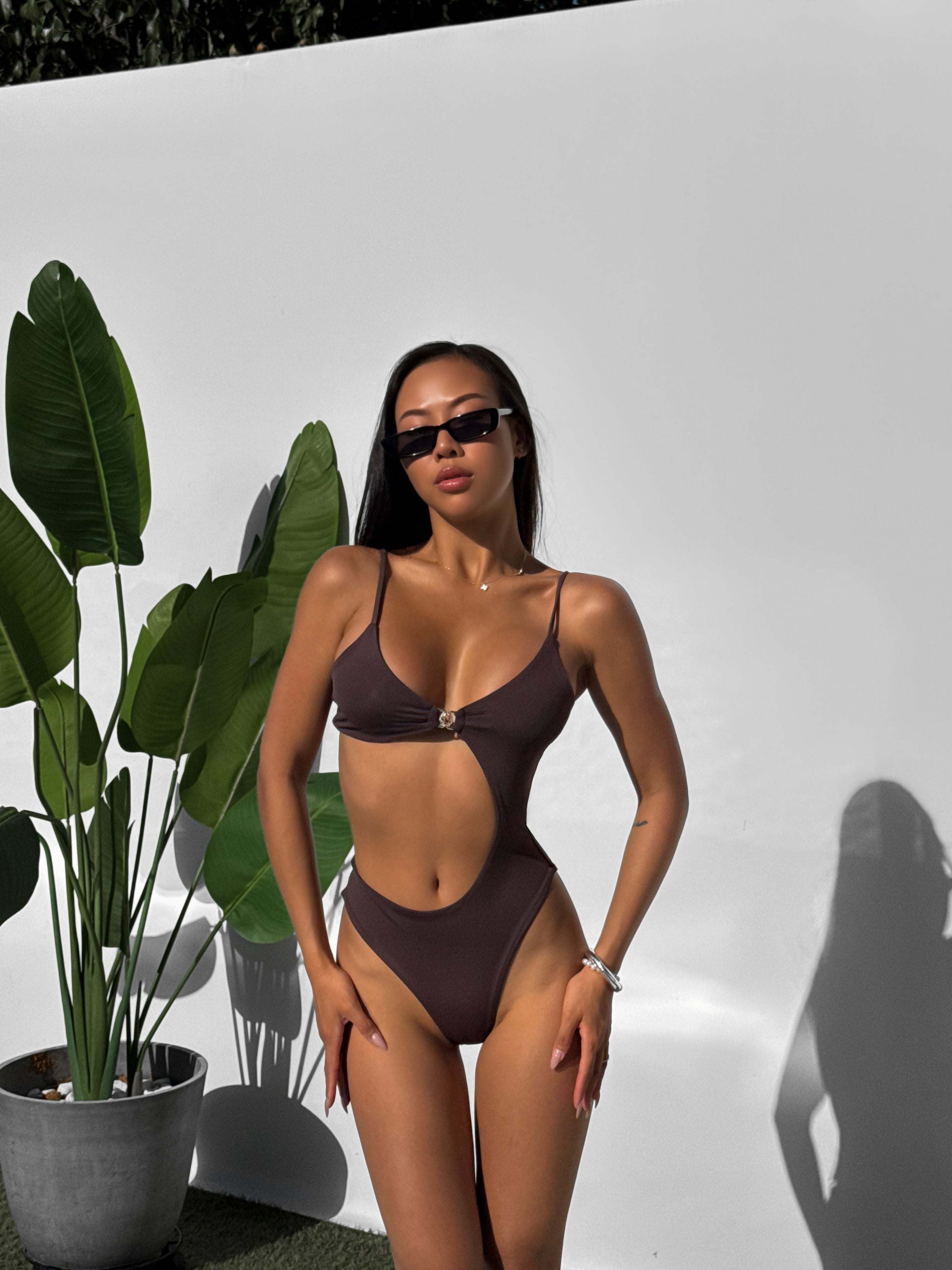 Coral Asymmetric Cut Out Waist One Piece in Chocolate