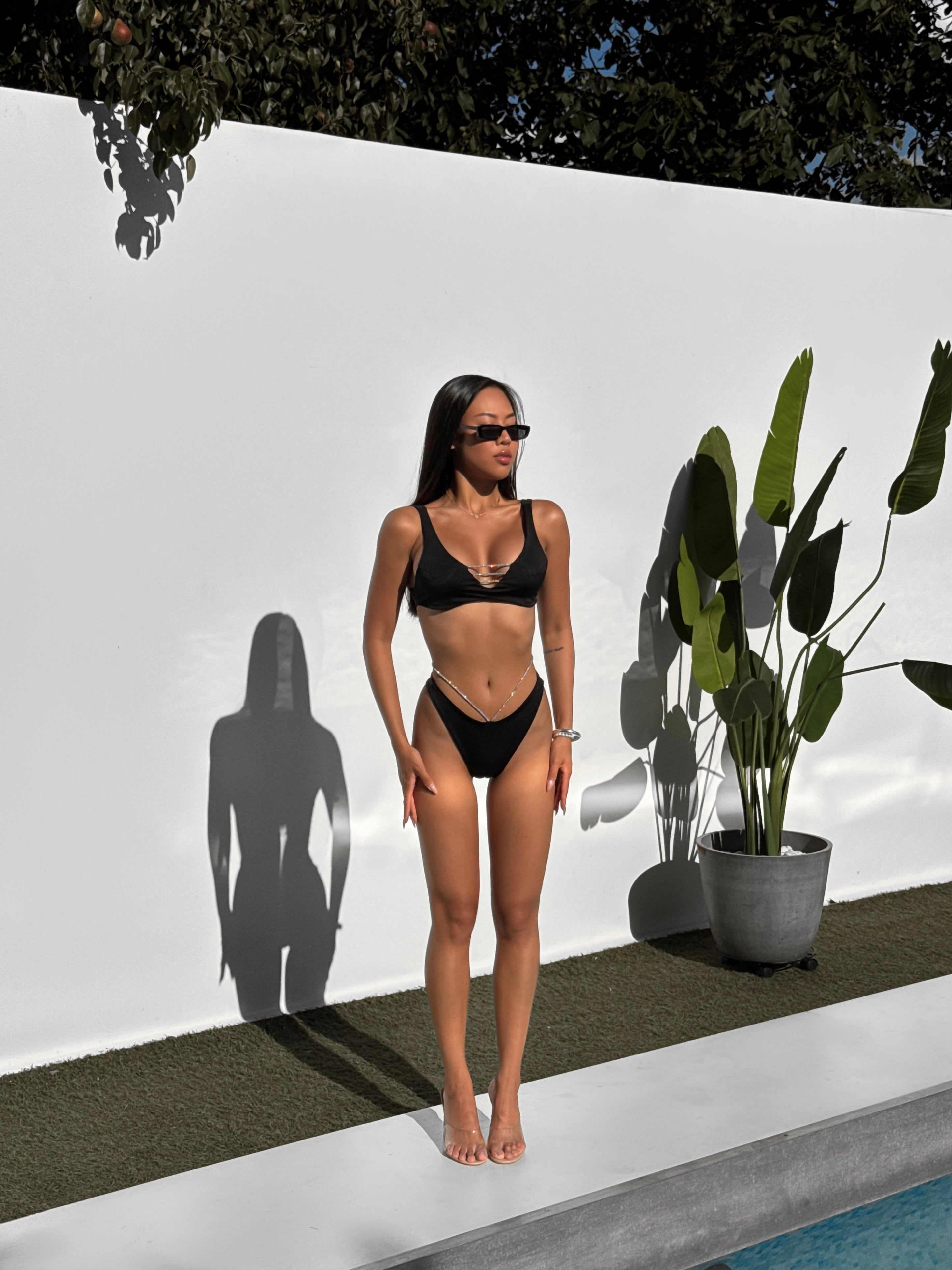 Ruby Plunge Shimmer Strap Bikini Set in Black