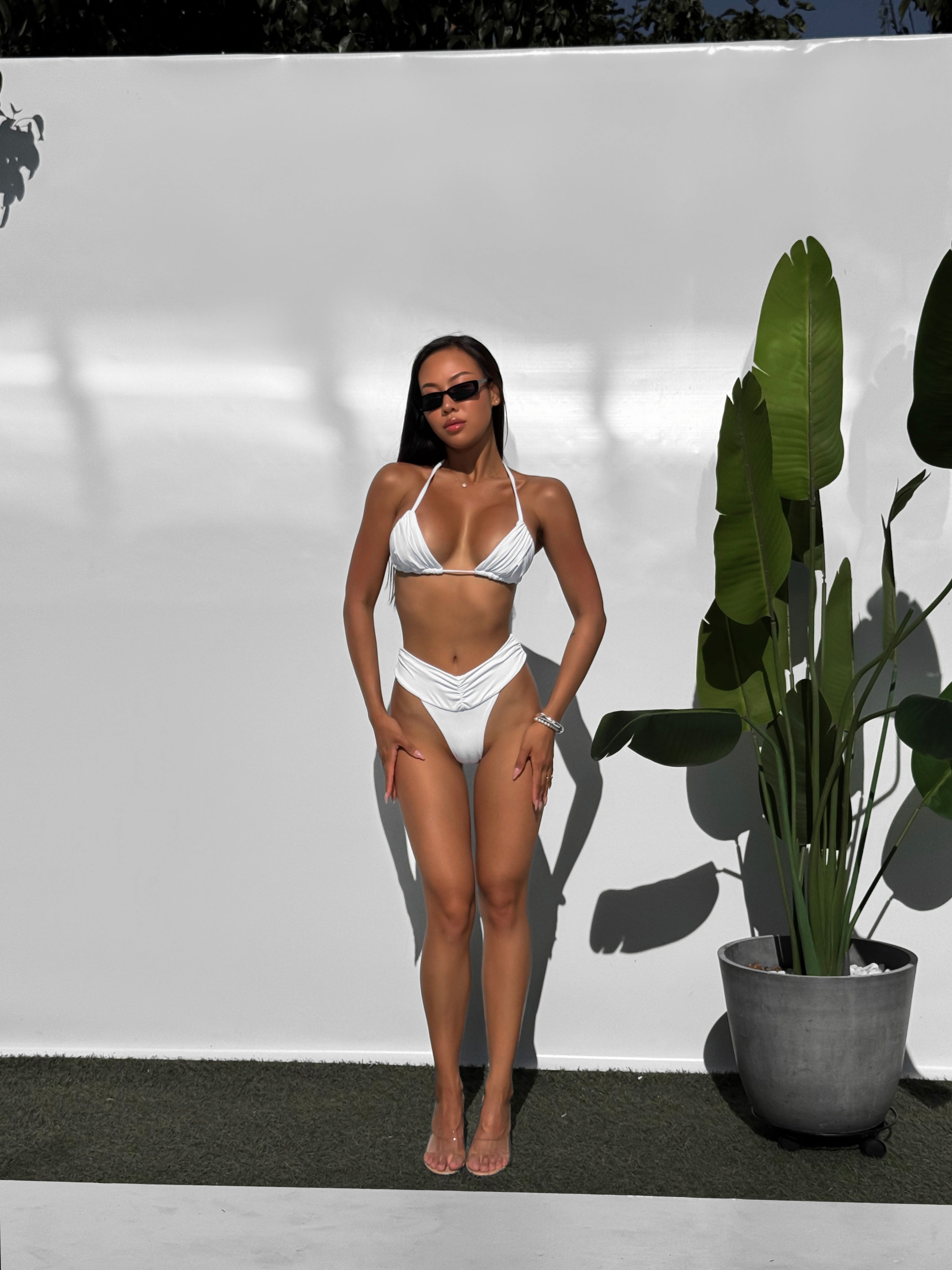 Brazil Triangle V Shape Ruched Bikini Set in White