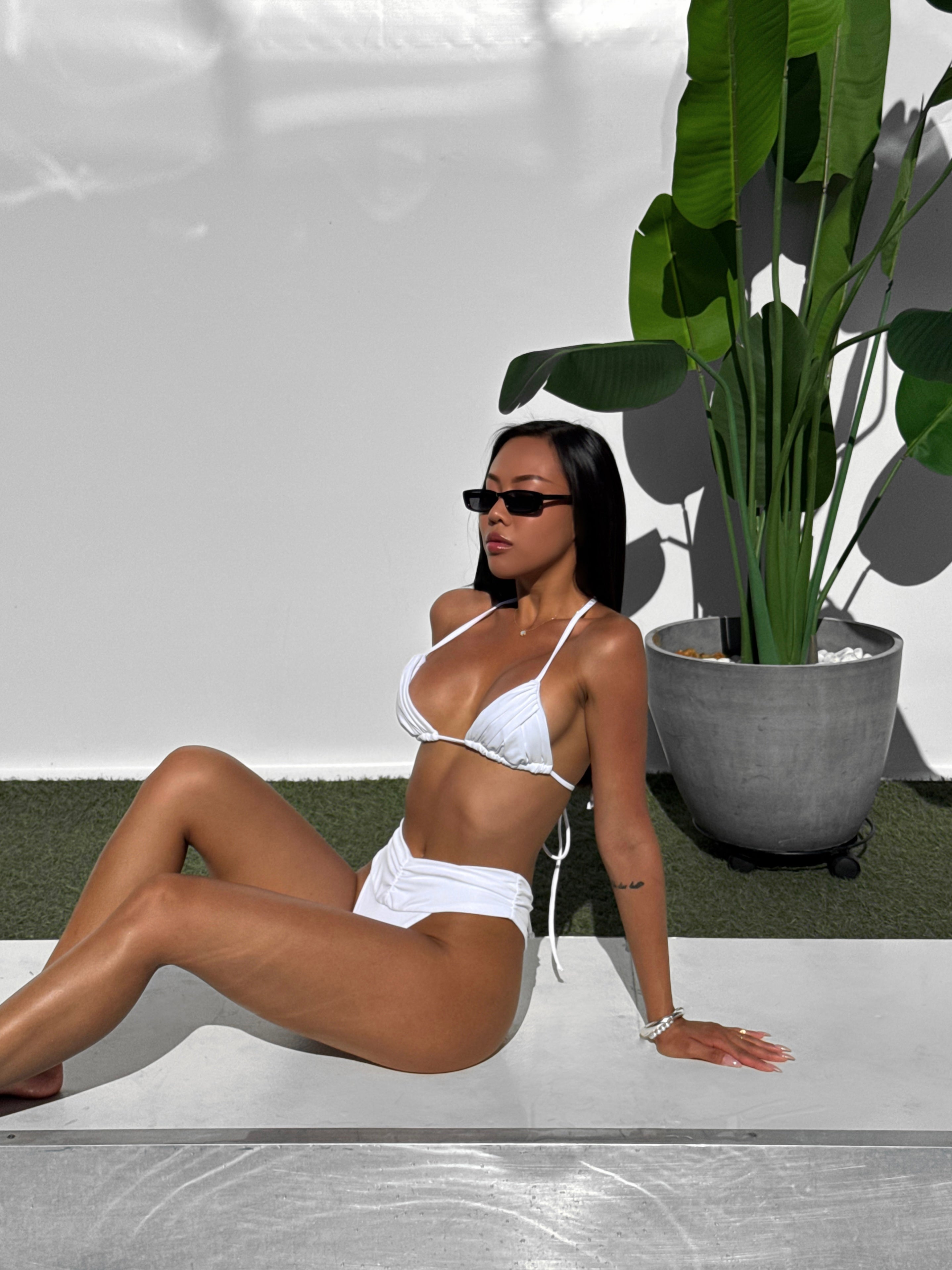 Brazil Triangle V Shape Ruched Bikini Set in White