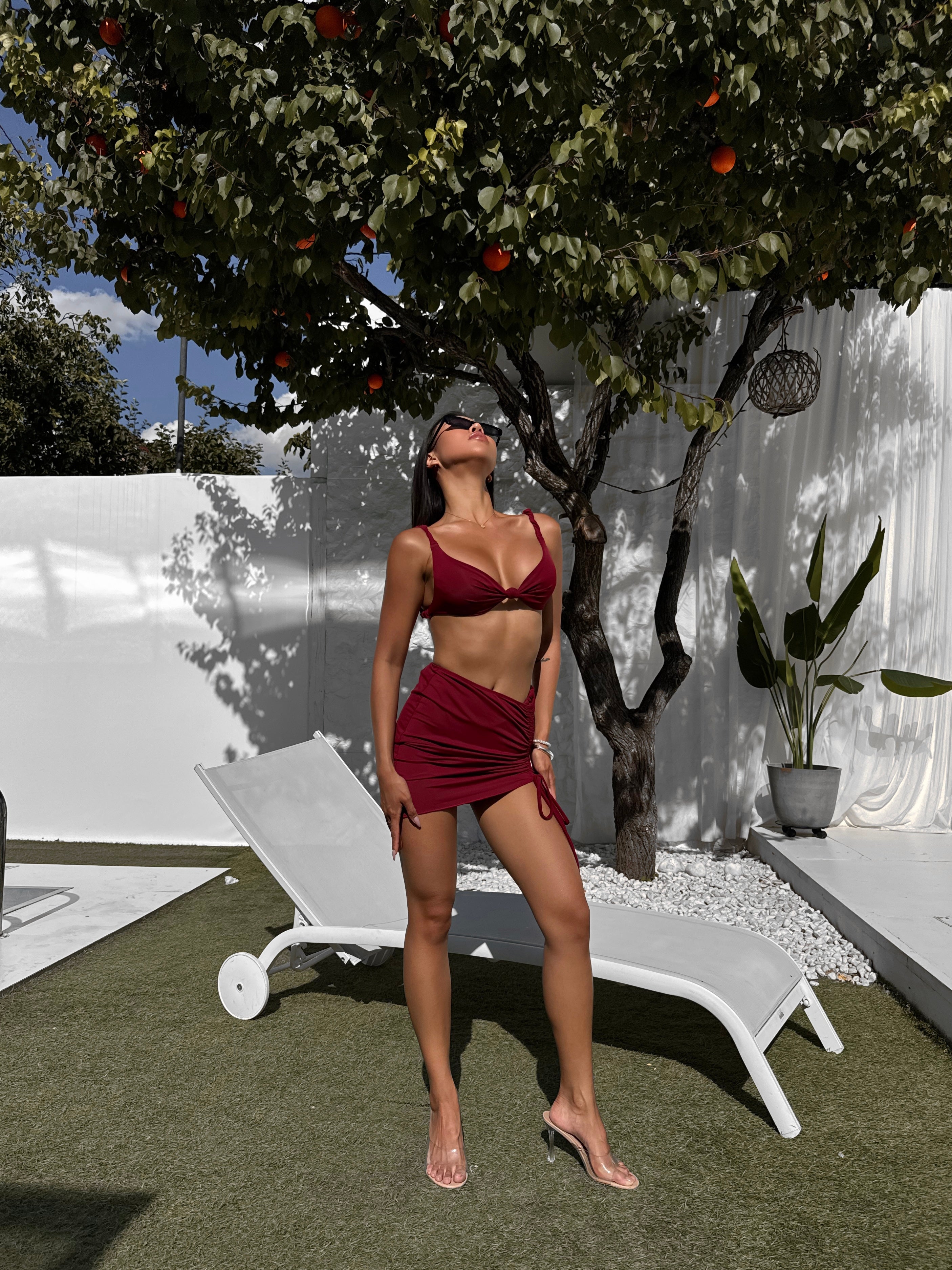 Hawaii 3-Piece Drawstring Skirt Bikini Set in Burgundy