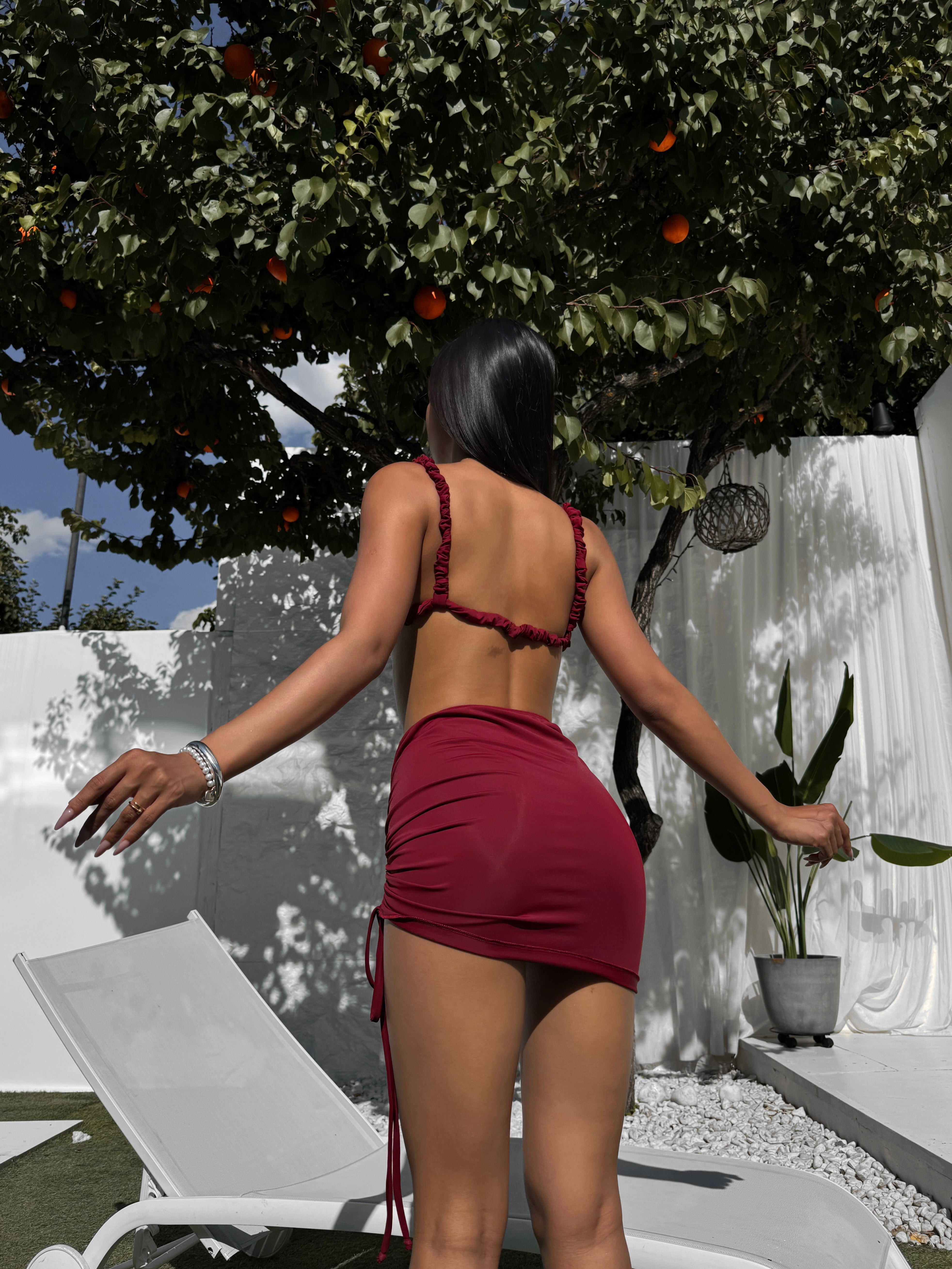 Hawaii 3-Piece Drawstring Skirt Bikini Set in Burgundy