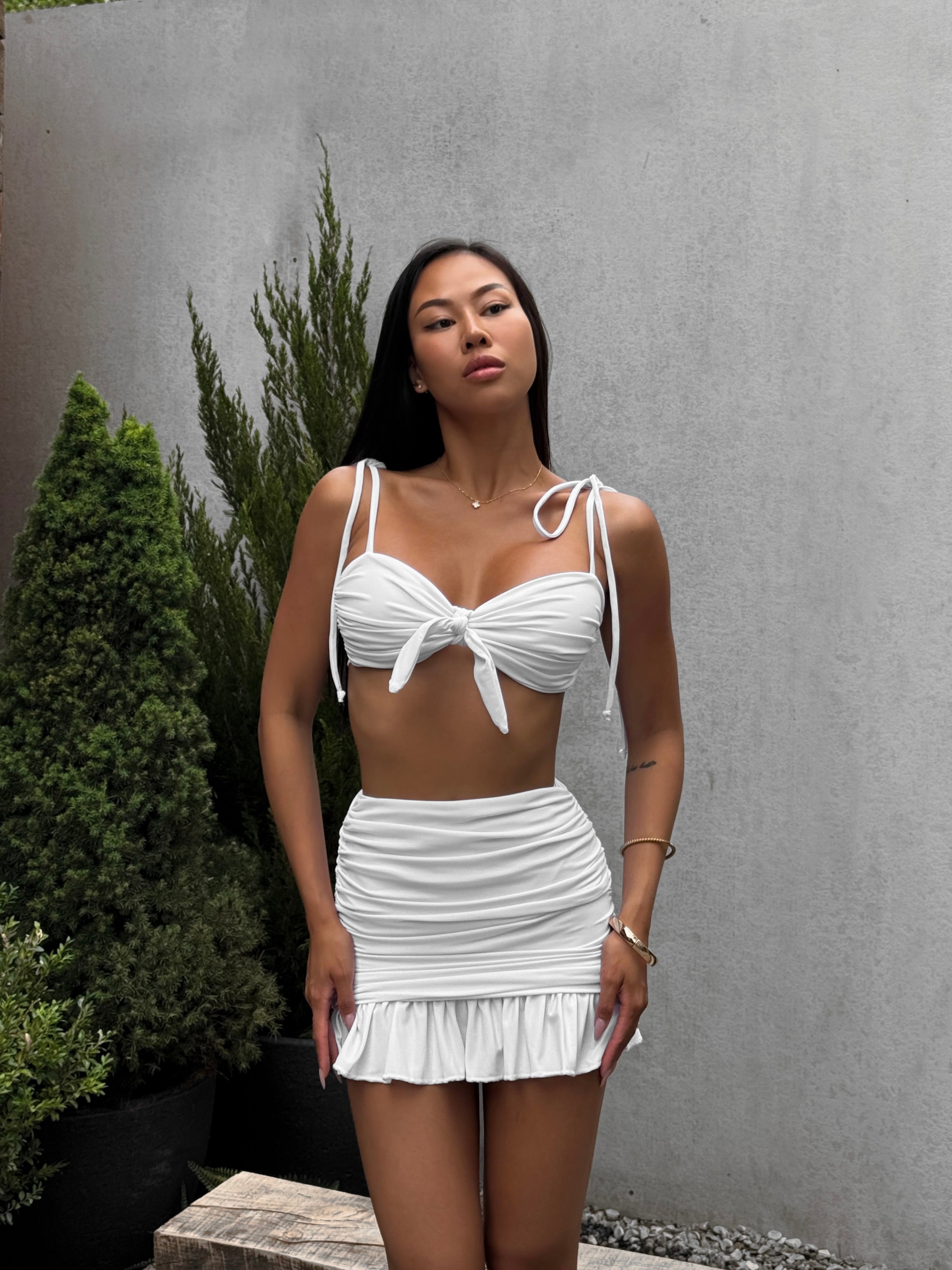 Velena 3-Piece Ruched Bikini Set with Beach Skirt in White