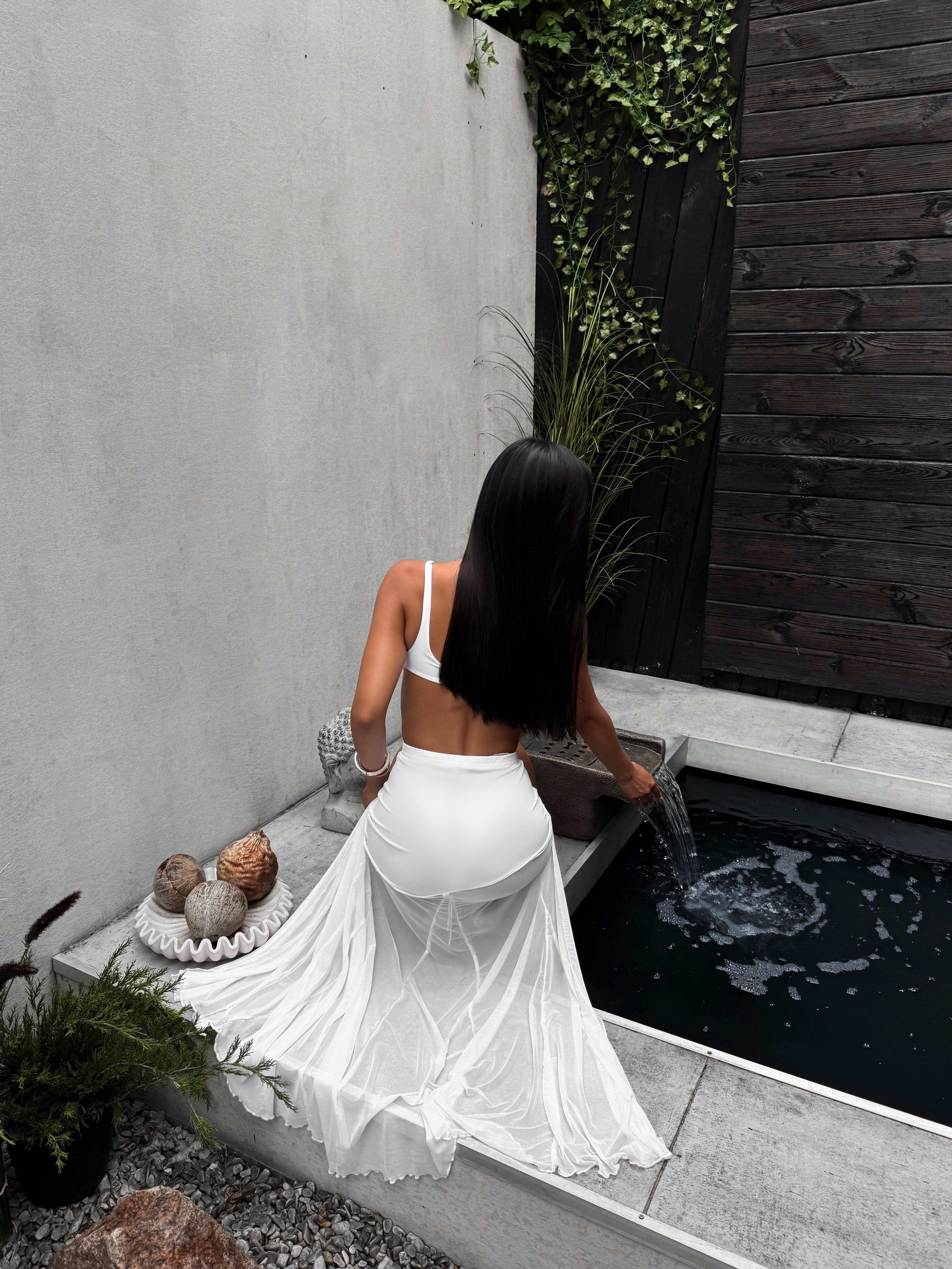 Sri Lanka Mesh Asymmetric Side Split Maxi Beach Skirt in White