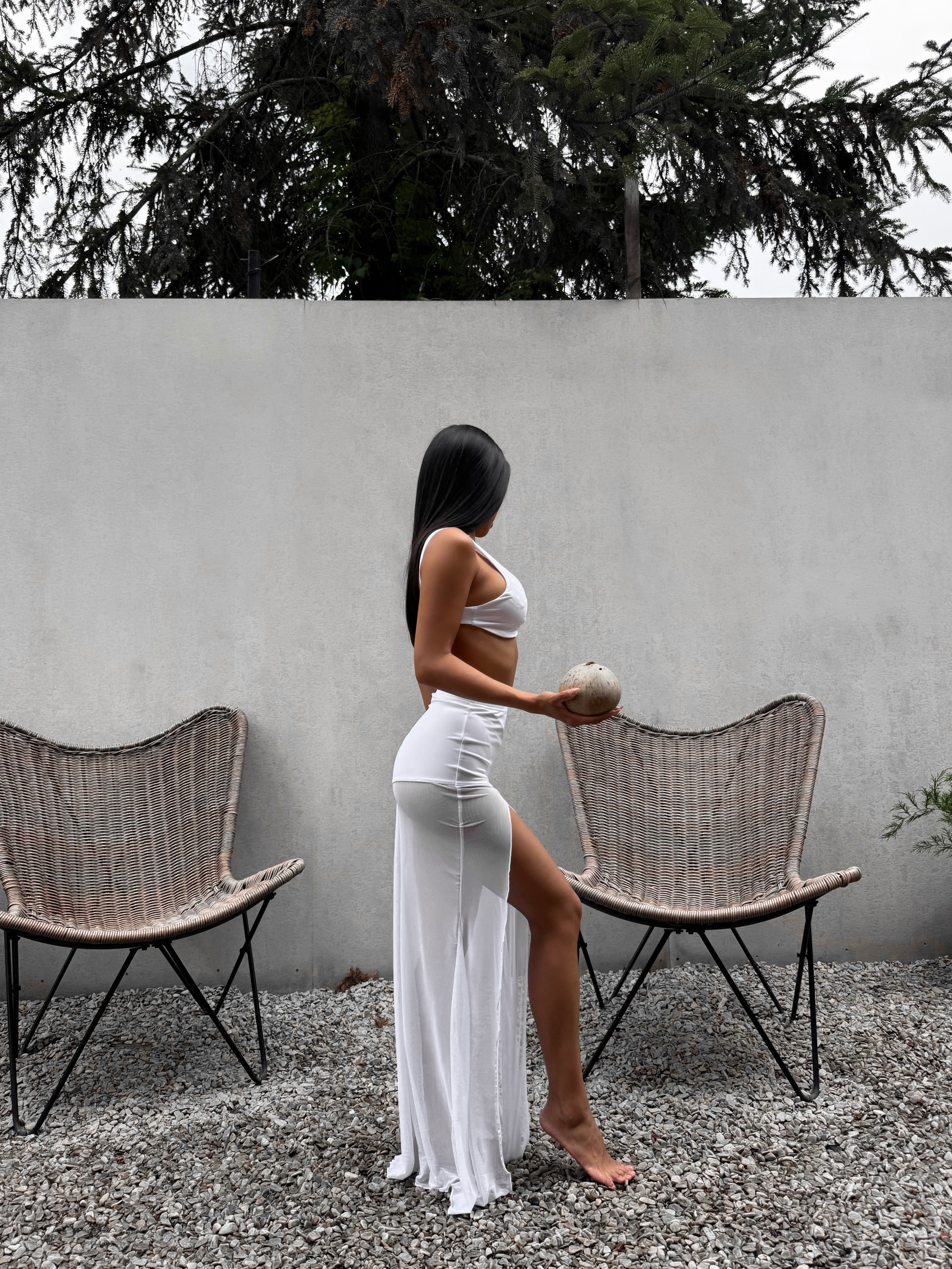 Sri Lanka Mesh Asymmetric Side Split Maxi Beach Skirt in White