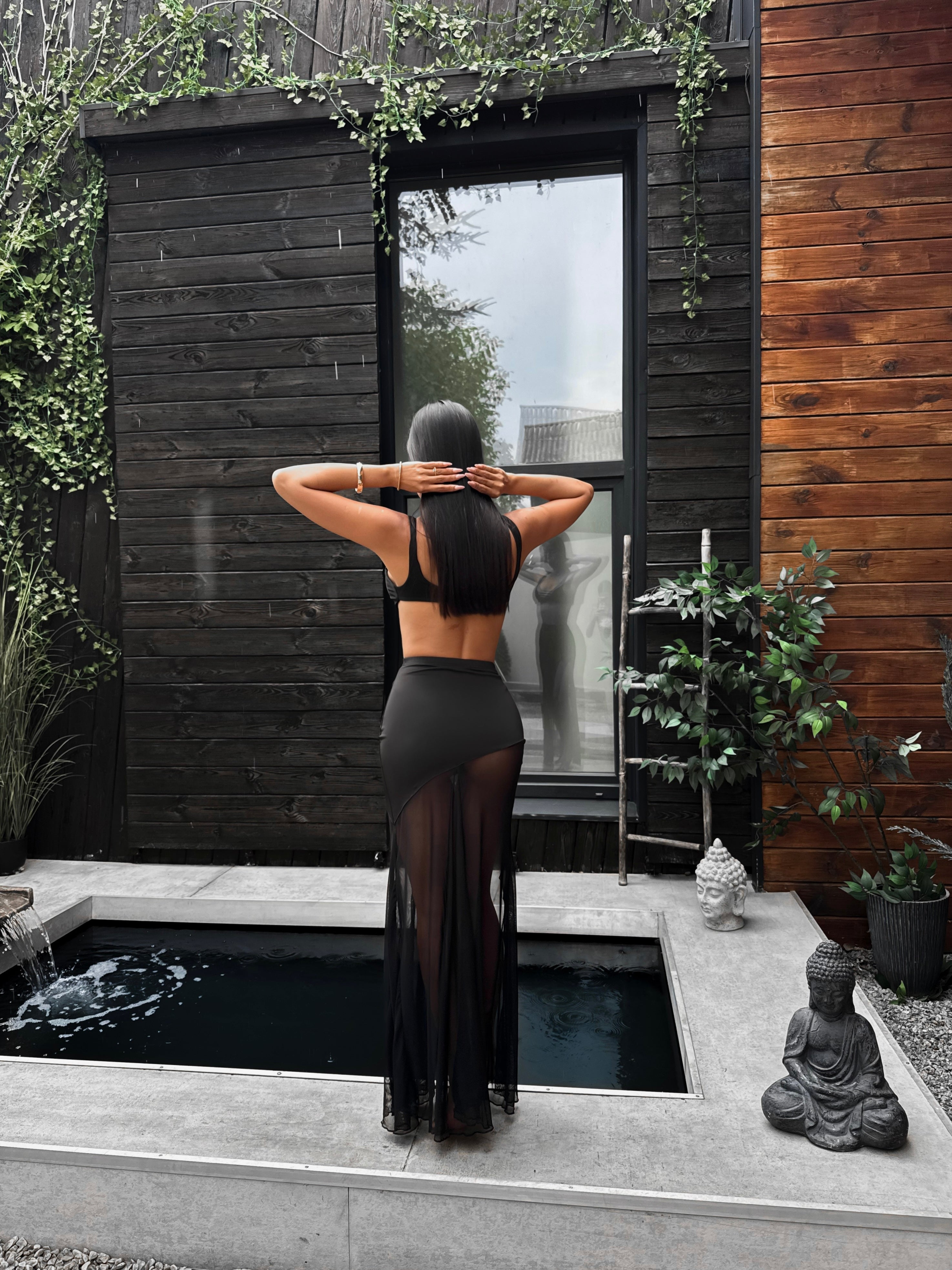 Sri Lanka Mesh Asymmetric Side Split Maxi Beach Skirt in Black