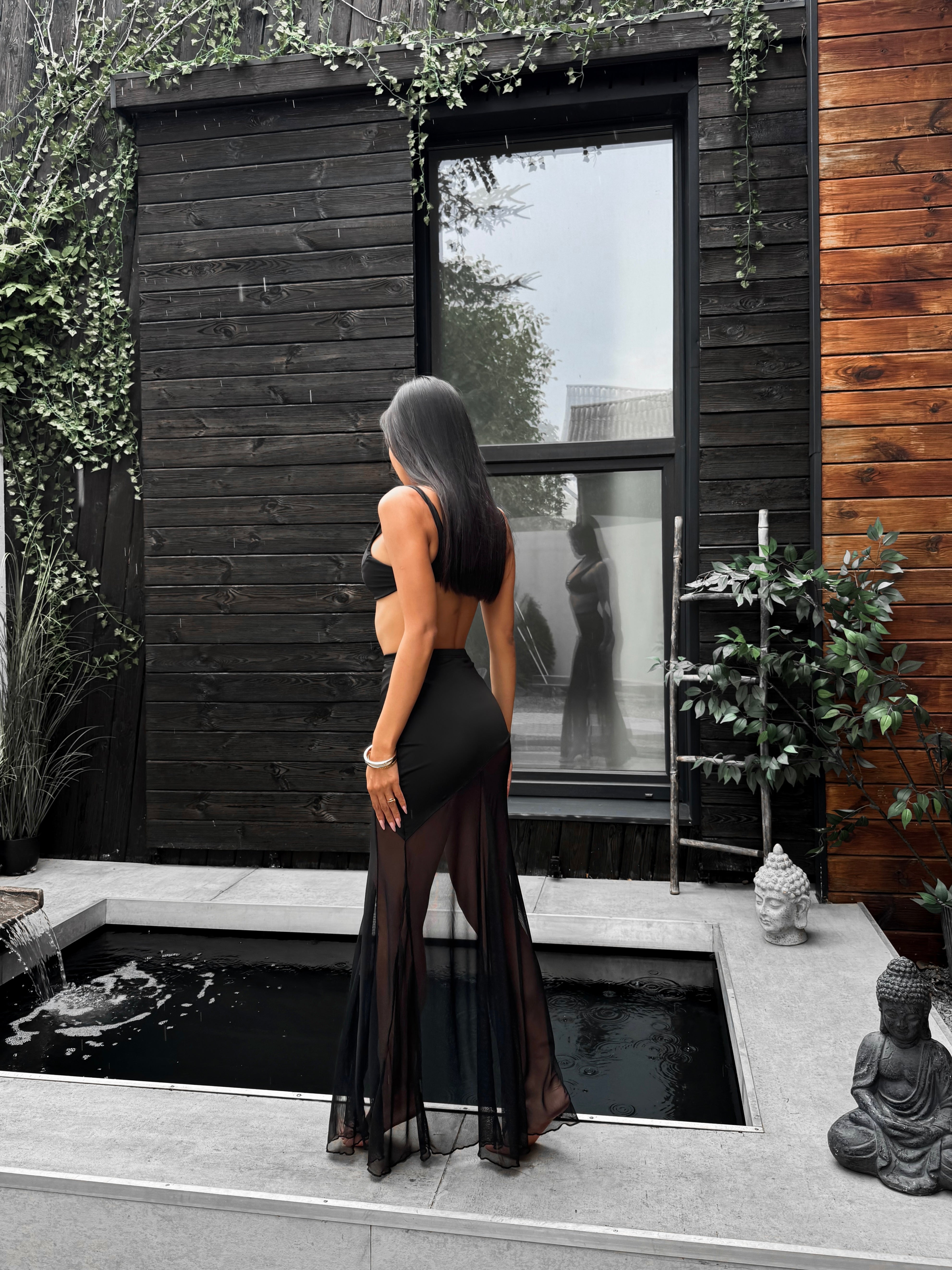 Sri Lanka Mesh Asymmetric Side Split Maxi Beach Skirt in Black