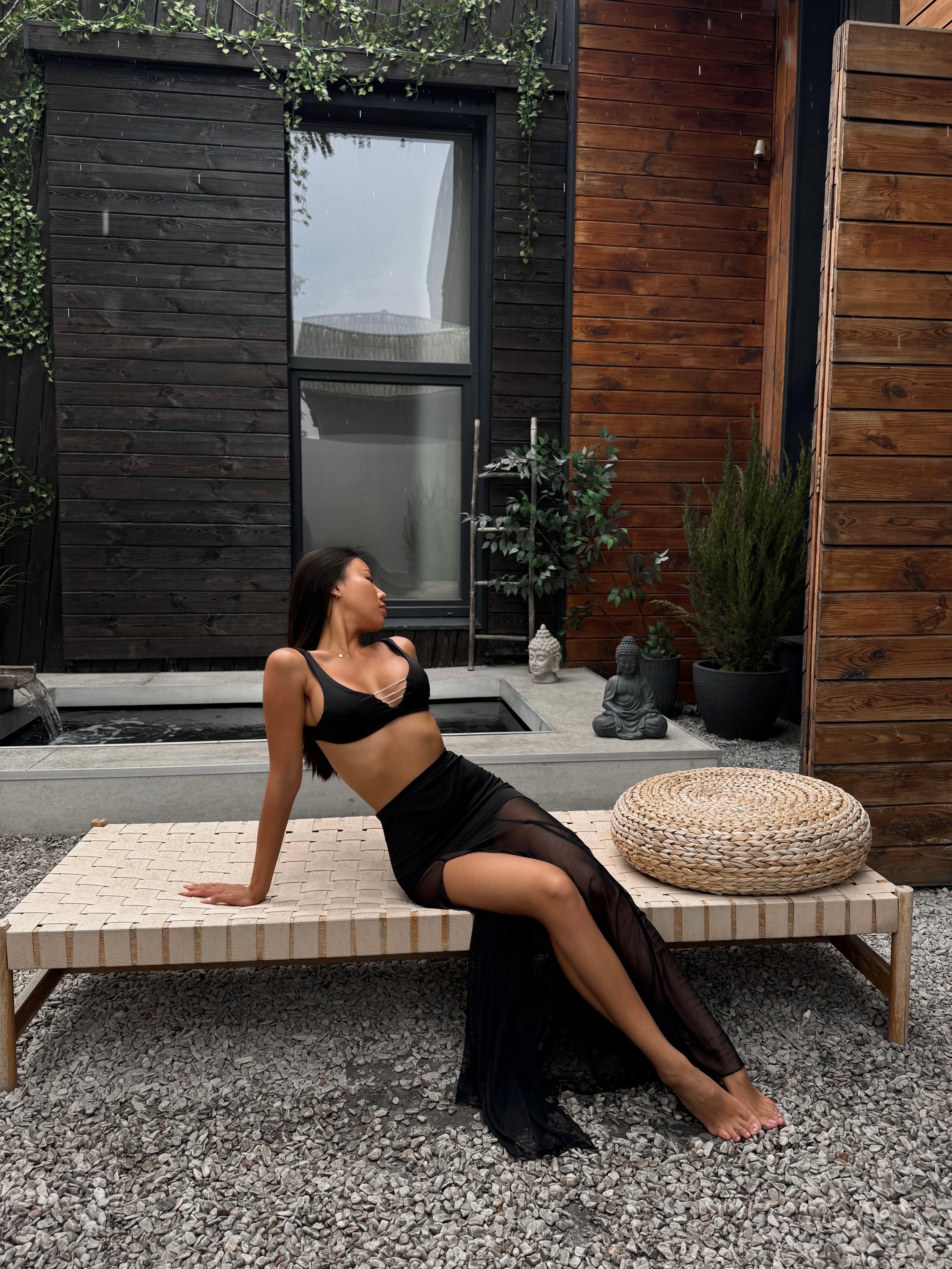 Sri Lanka Mesh Asymmetric Side Split Maxi Beach Skirt in Black