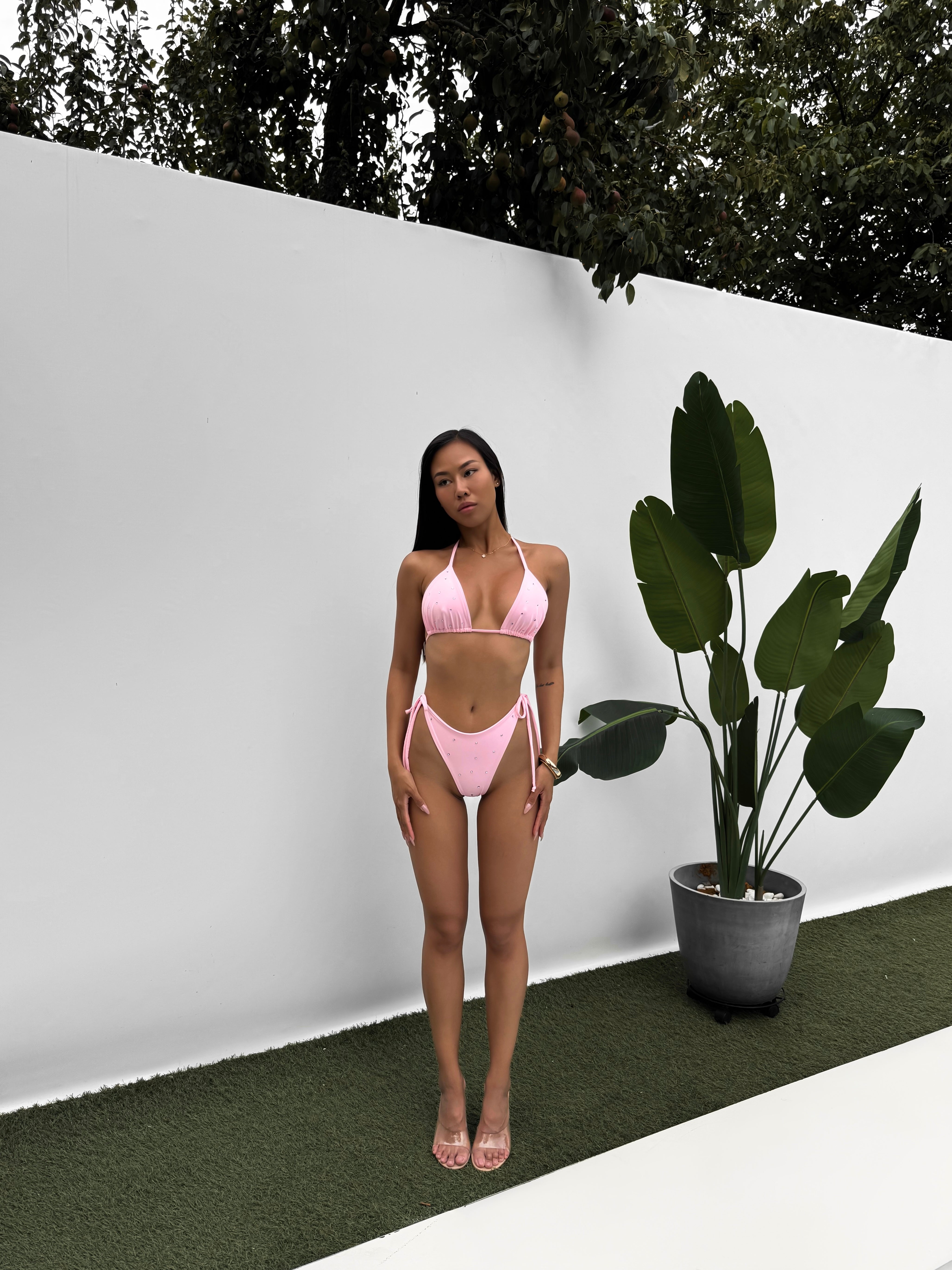 Luna Rhinestone Triangle Bikini Set in Baby Pink