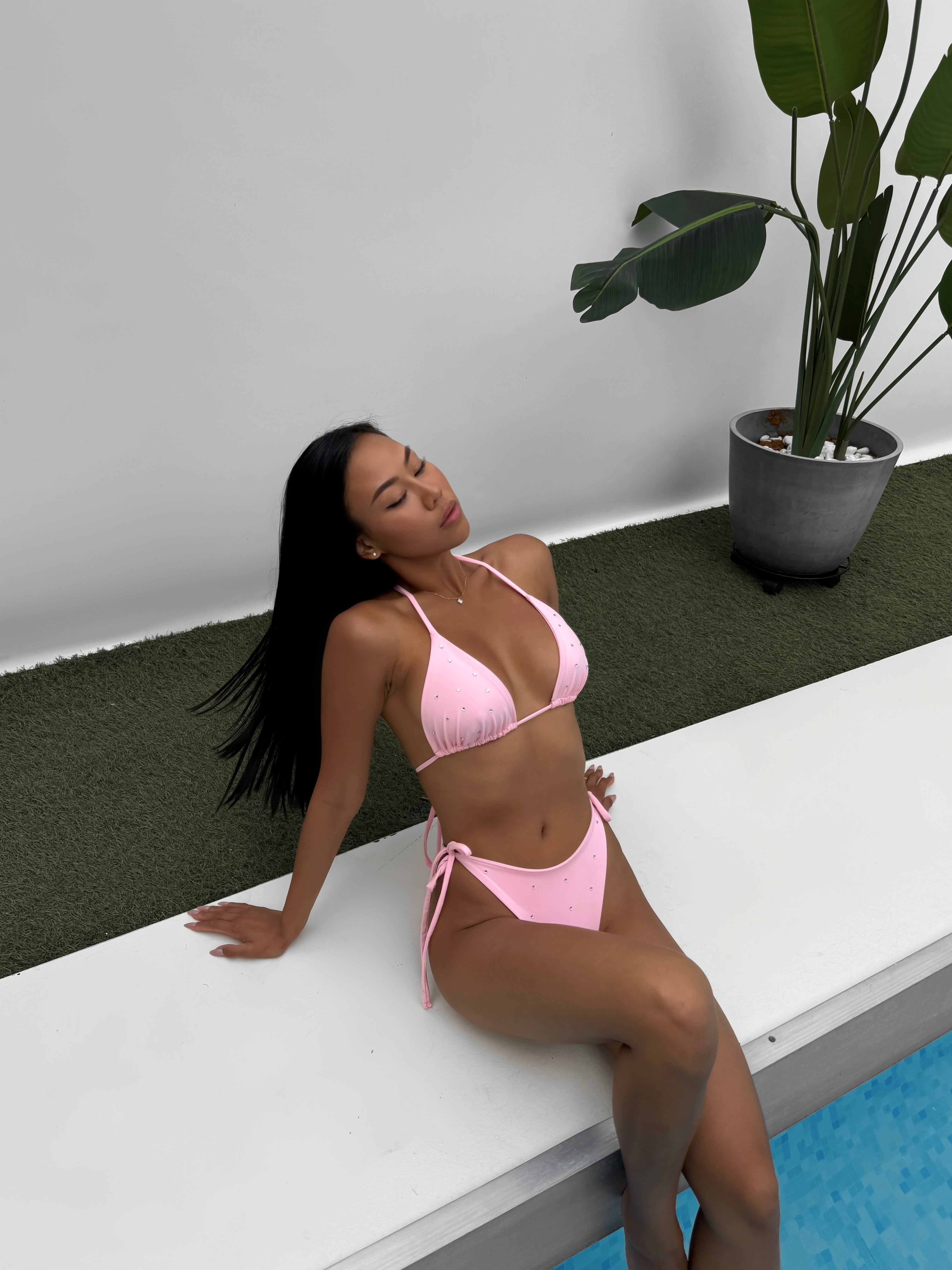 Luna Rhinestone Triangle Bikini Set in Baby Pink