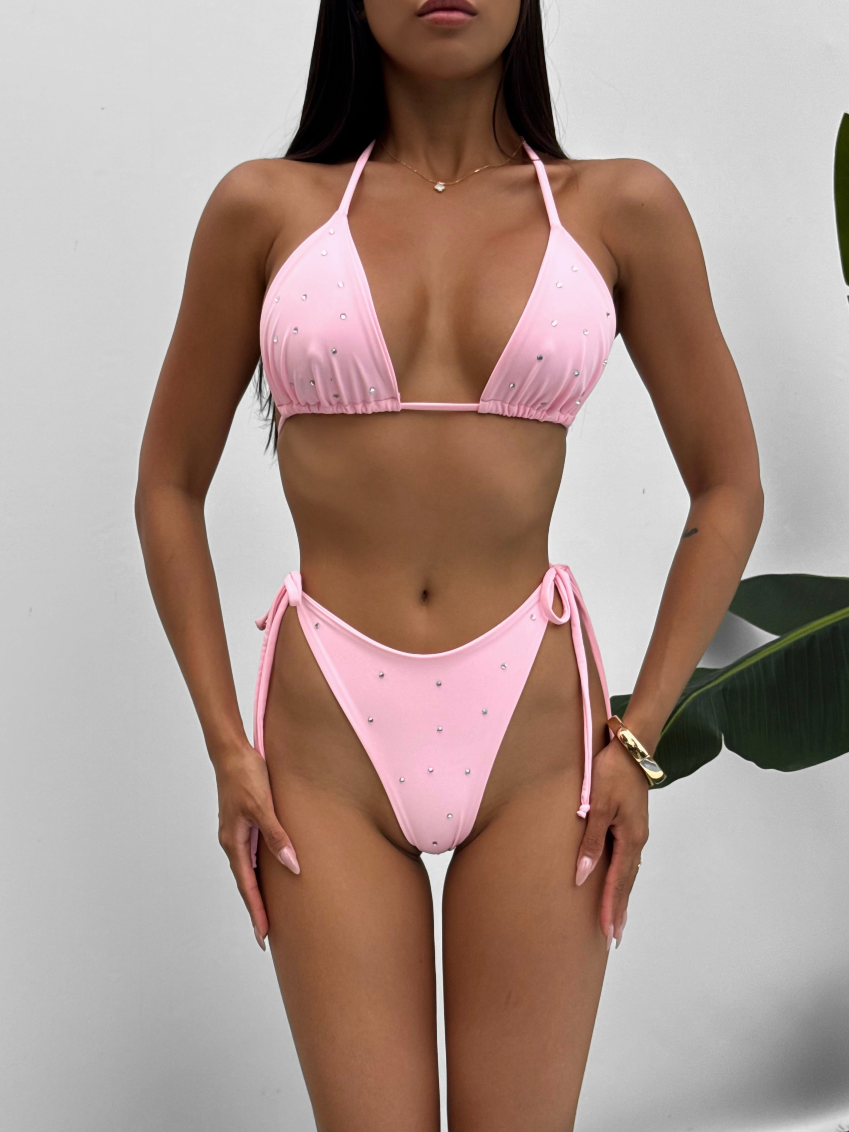 Luna Rhinestone Triangle Bikini Set in Baby Pink