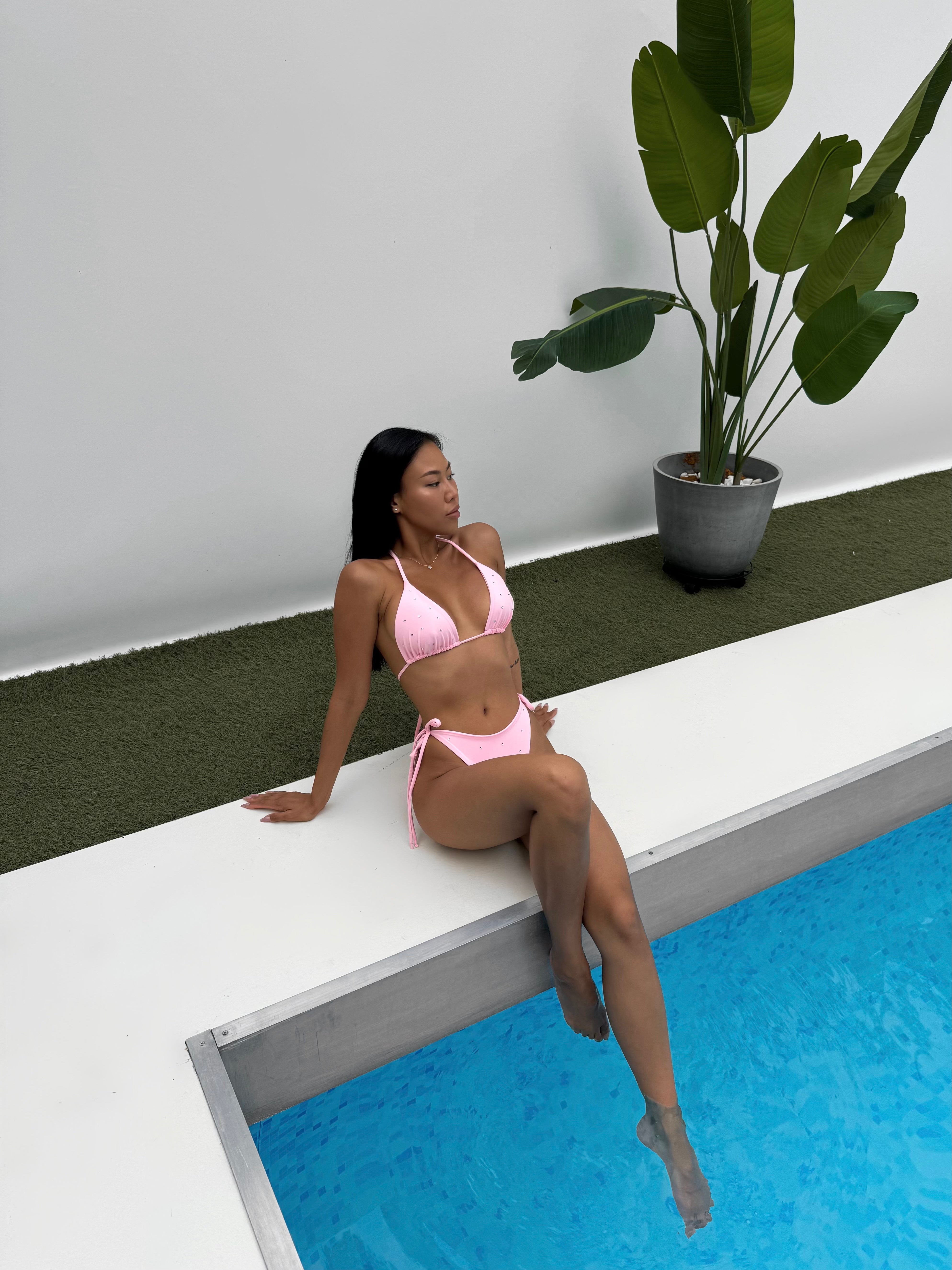 Luna Rhinestone Triangle Bikini Set in Baby Pink