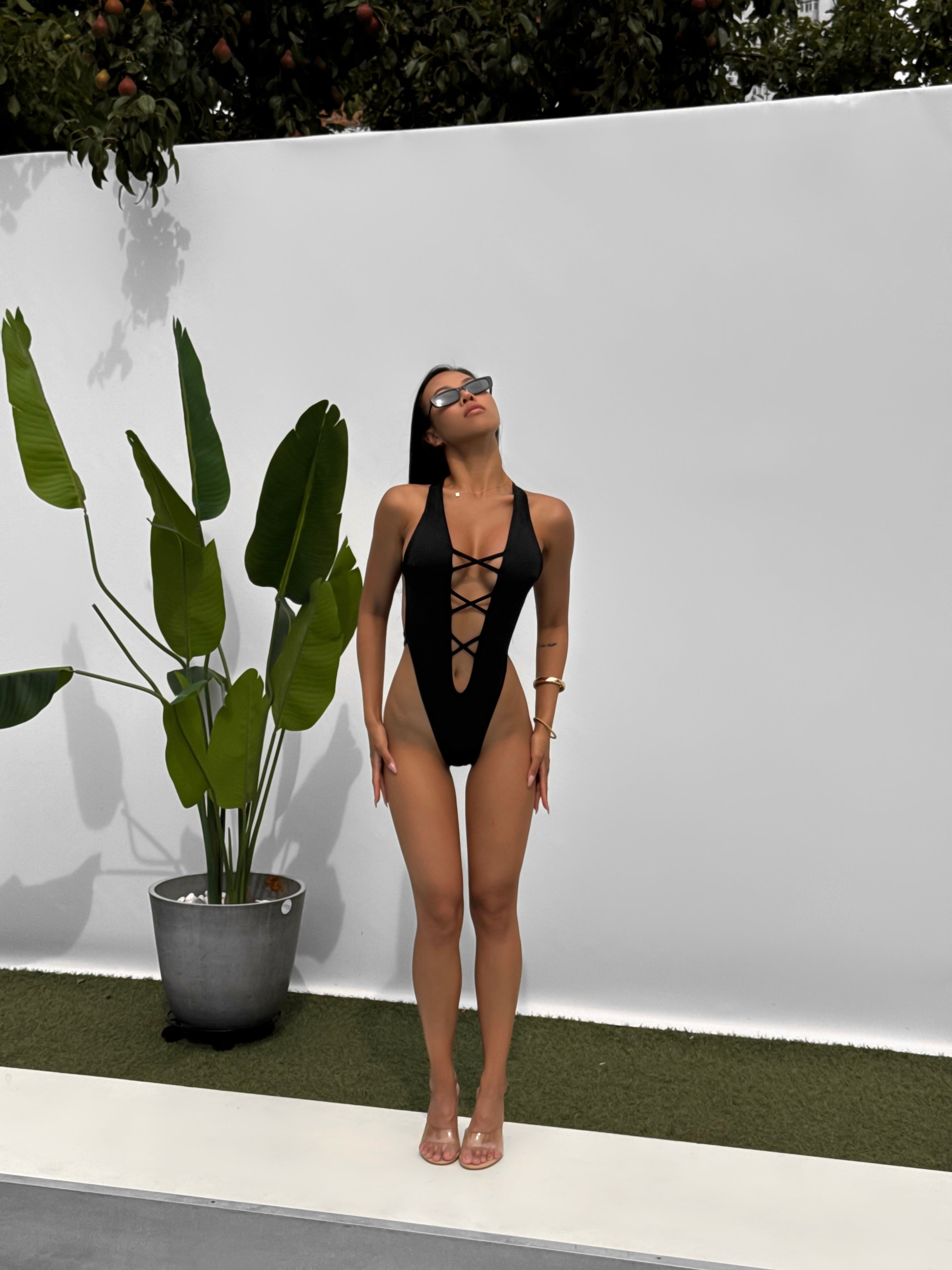 Cancun Deep Plunge Criss Cross One Piece in Black