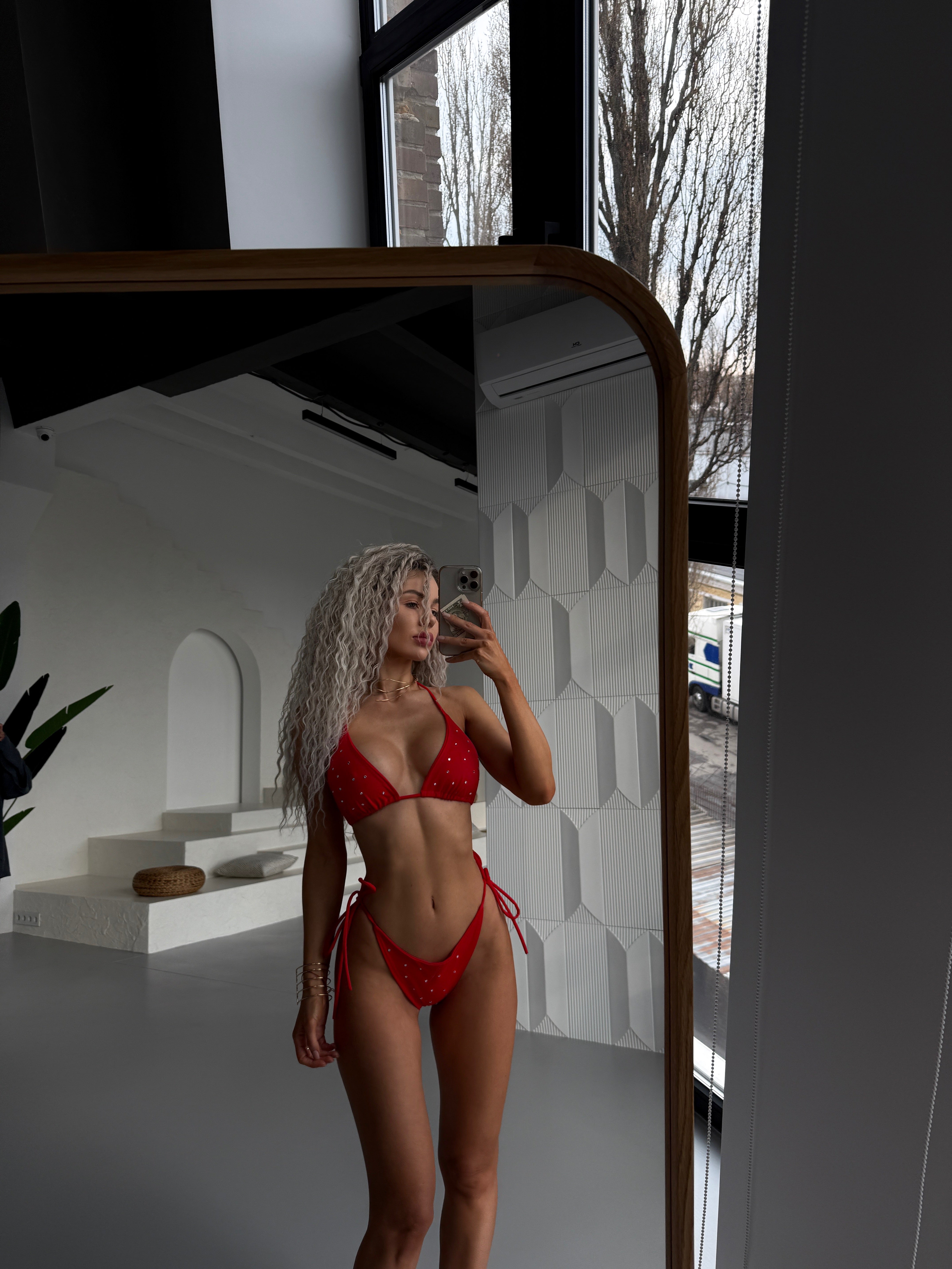 Luna Rhinestone Triangle Bikini Set in Red