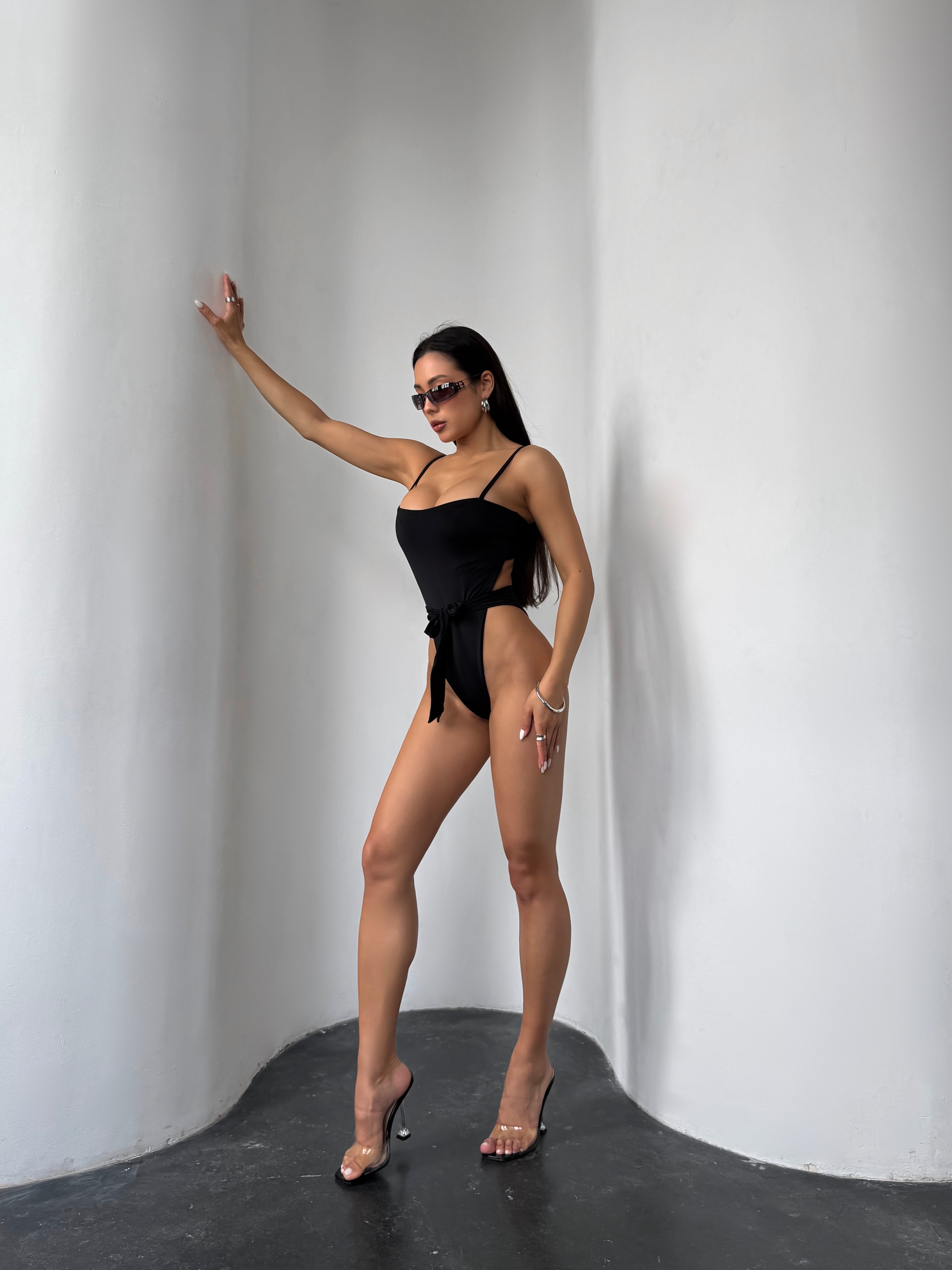 Noir Tie Waist Extra High Cut One Piece in Black