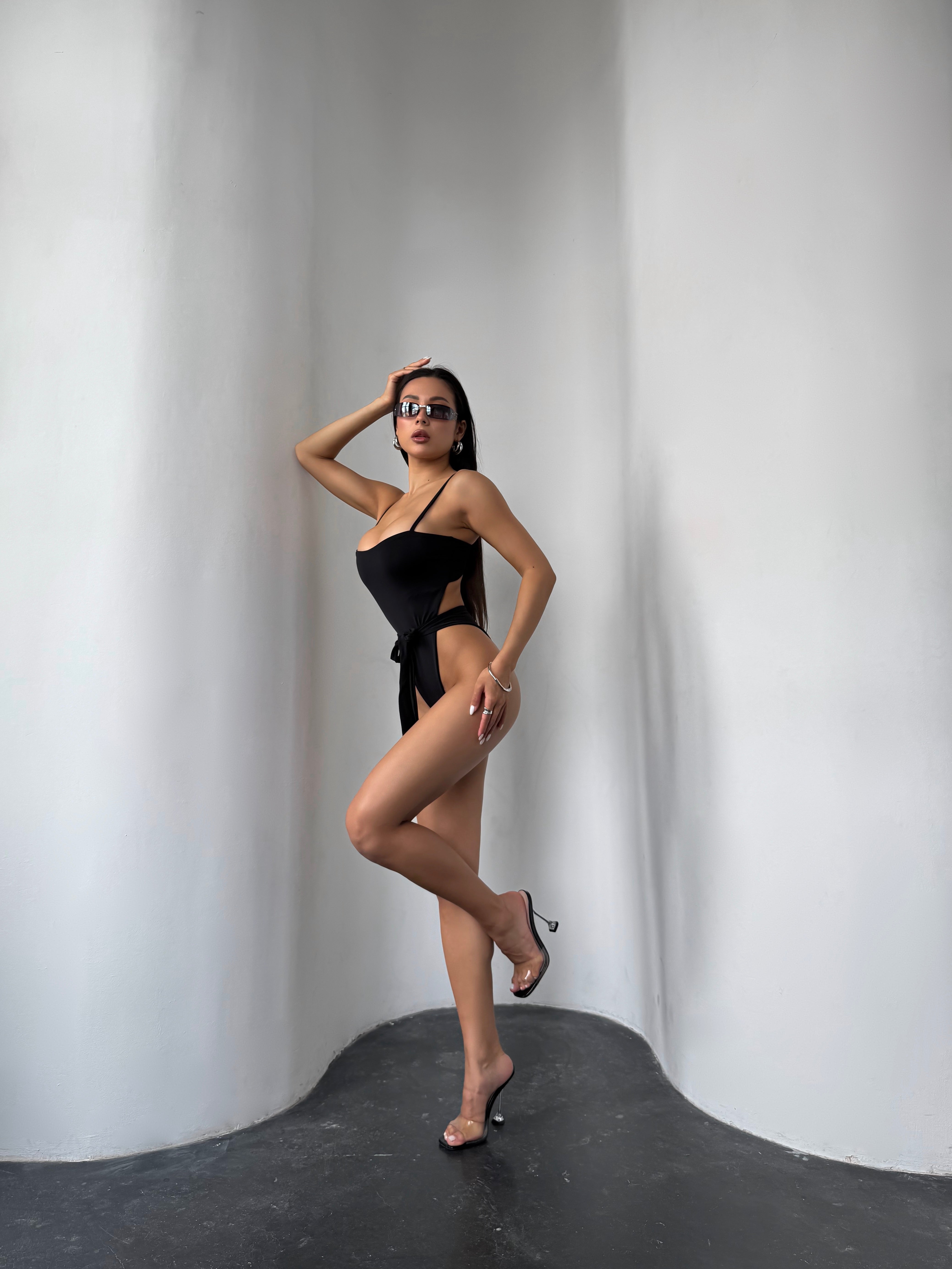 Noir Tie Waist Extra High Cut One Piece in Black