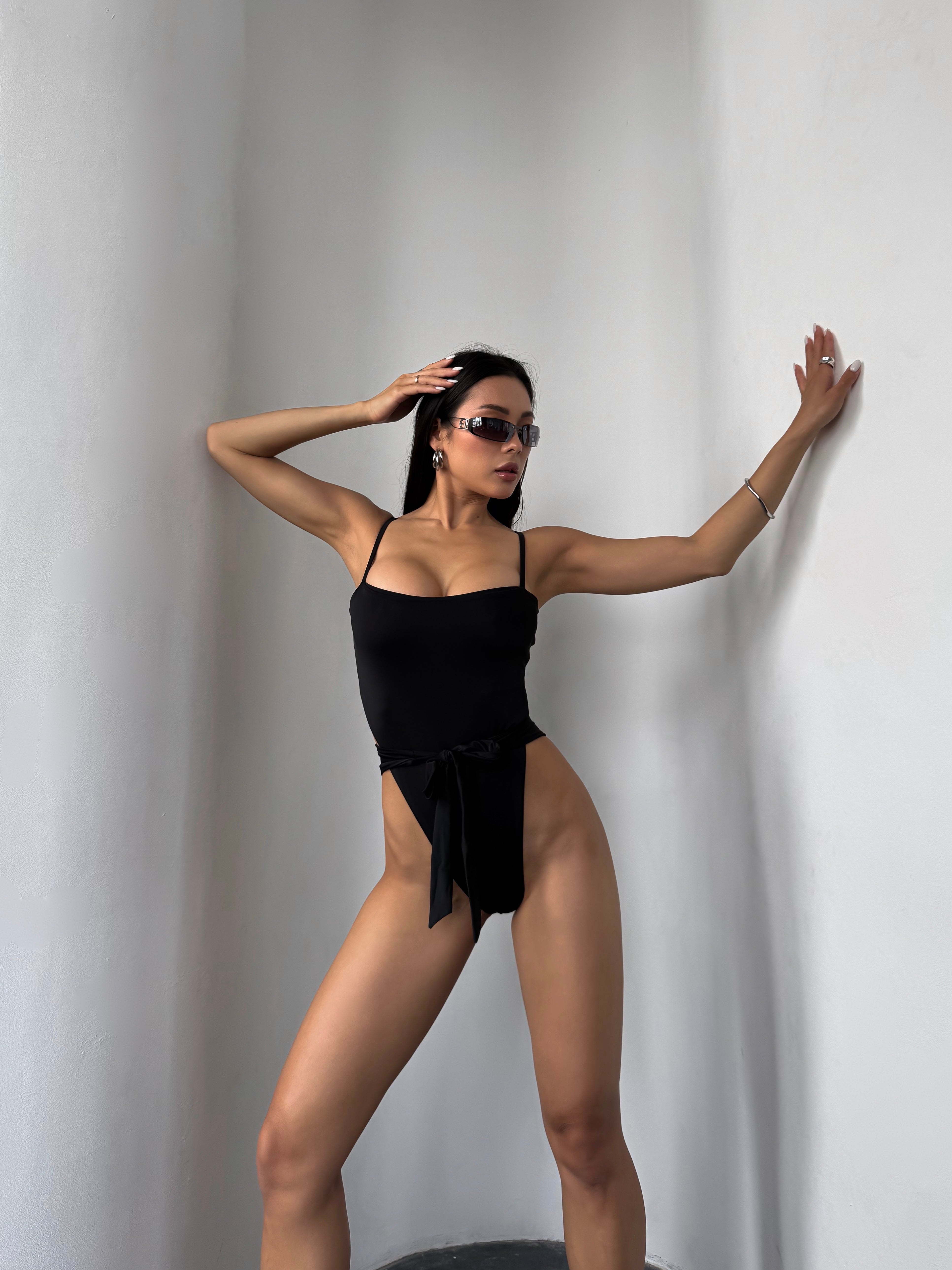 Noir Tie Waist Extra High Cut One Piece in Black